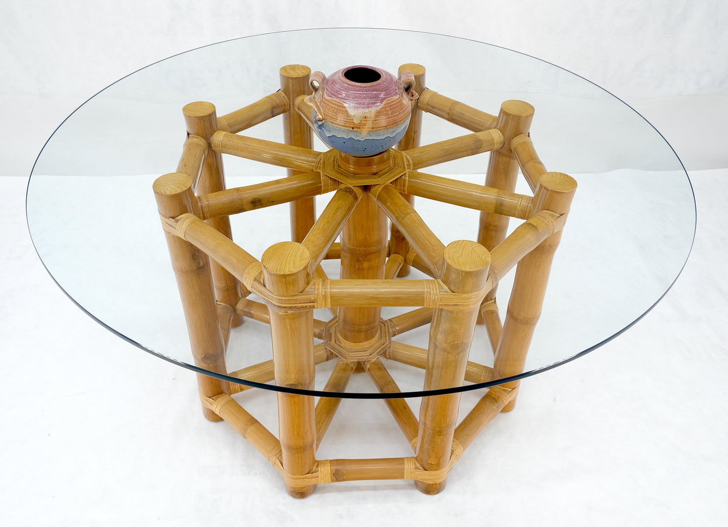 EstablishedLines Large 54" Diameter Glass Top Thick Bamboo Base Dining Table Decorative MINT