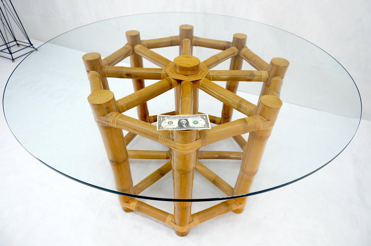 EstablishedLines Large 54" Diameter Glass Top Thick Bamboo Base Dining Table Decorative MINT