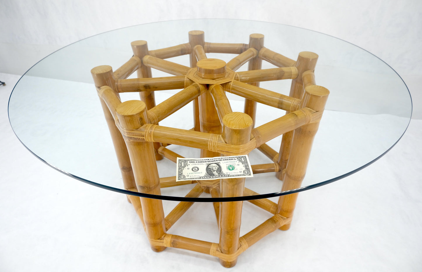 EstablishedLines Large 54" Diameter Glass Top Thick Bamboo Base Dining Table Decorative MINT