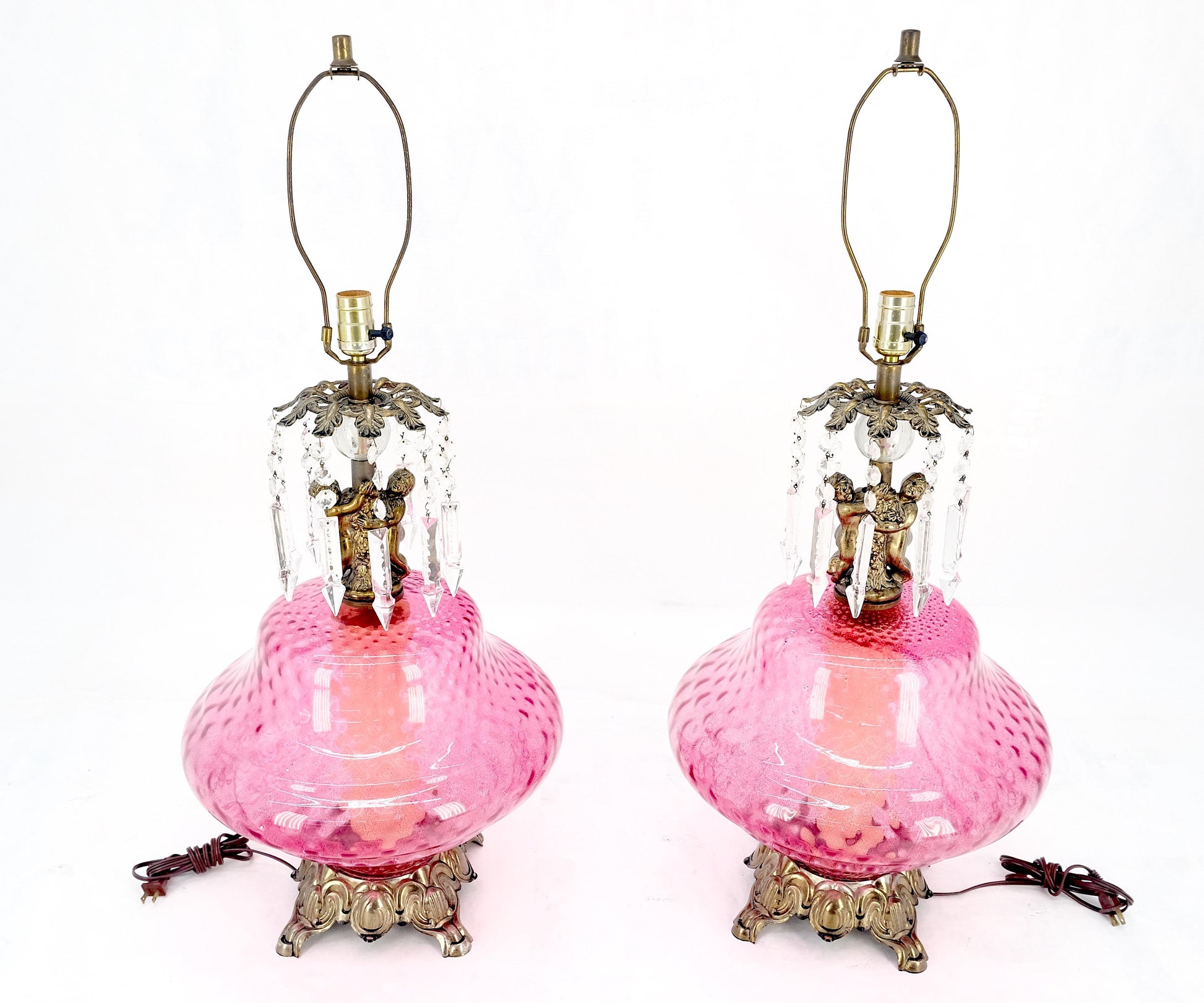 EstablishedLines Pair of Large Cranberry Glass Crystal Decorated Table Lamps MINT!