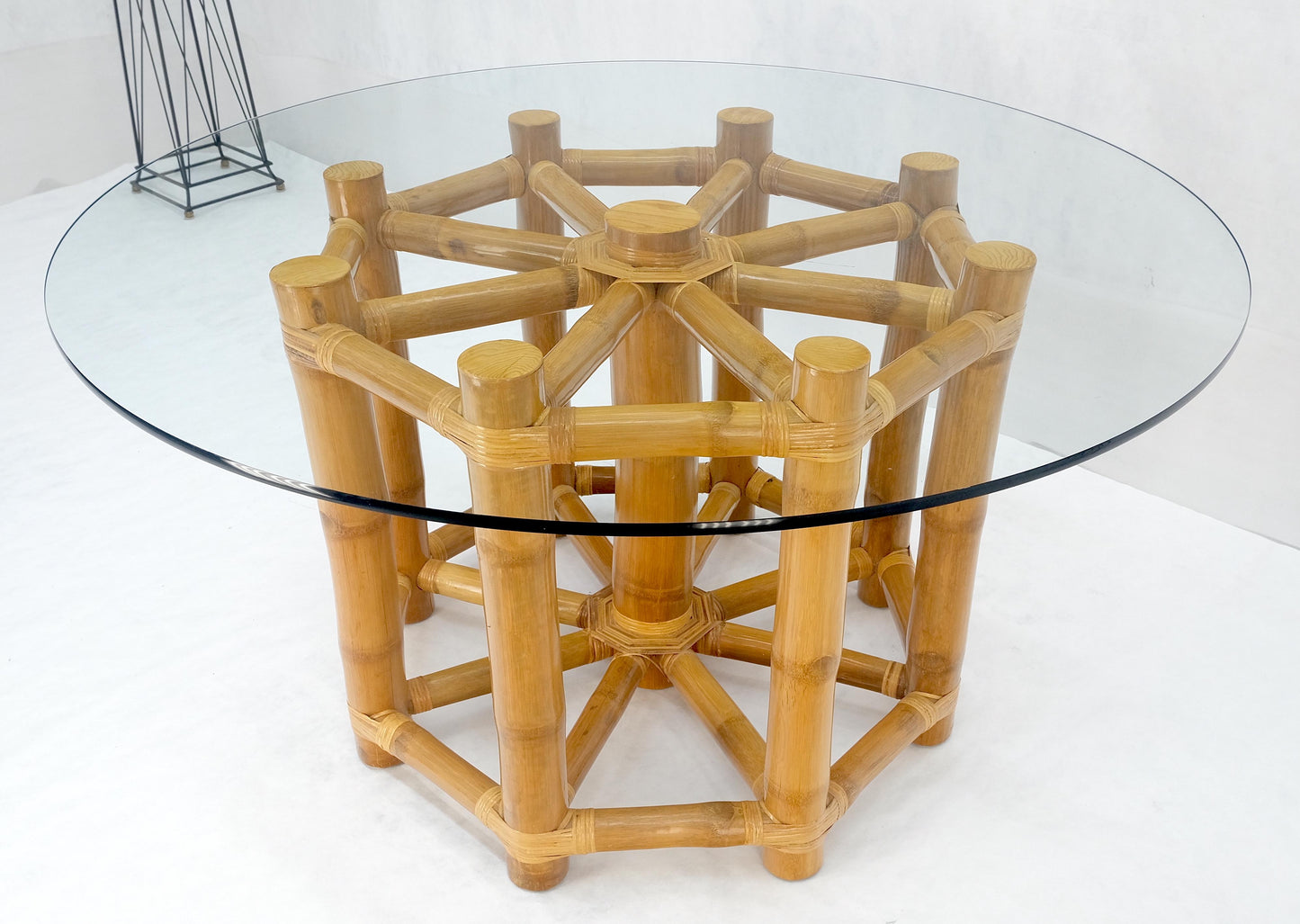 EstablishedLines Large 54" Diameter Glass Top Thick Bamboo Base Dining Table Decorative MINT