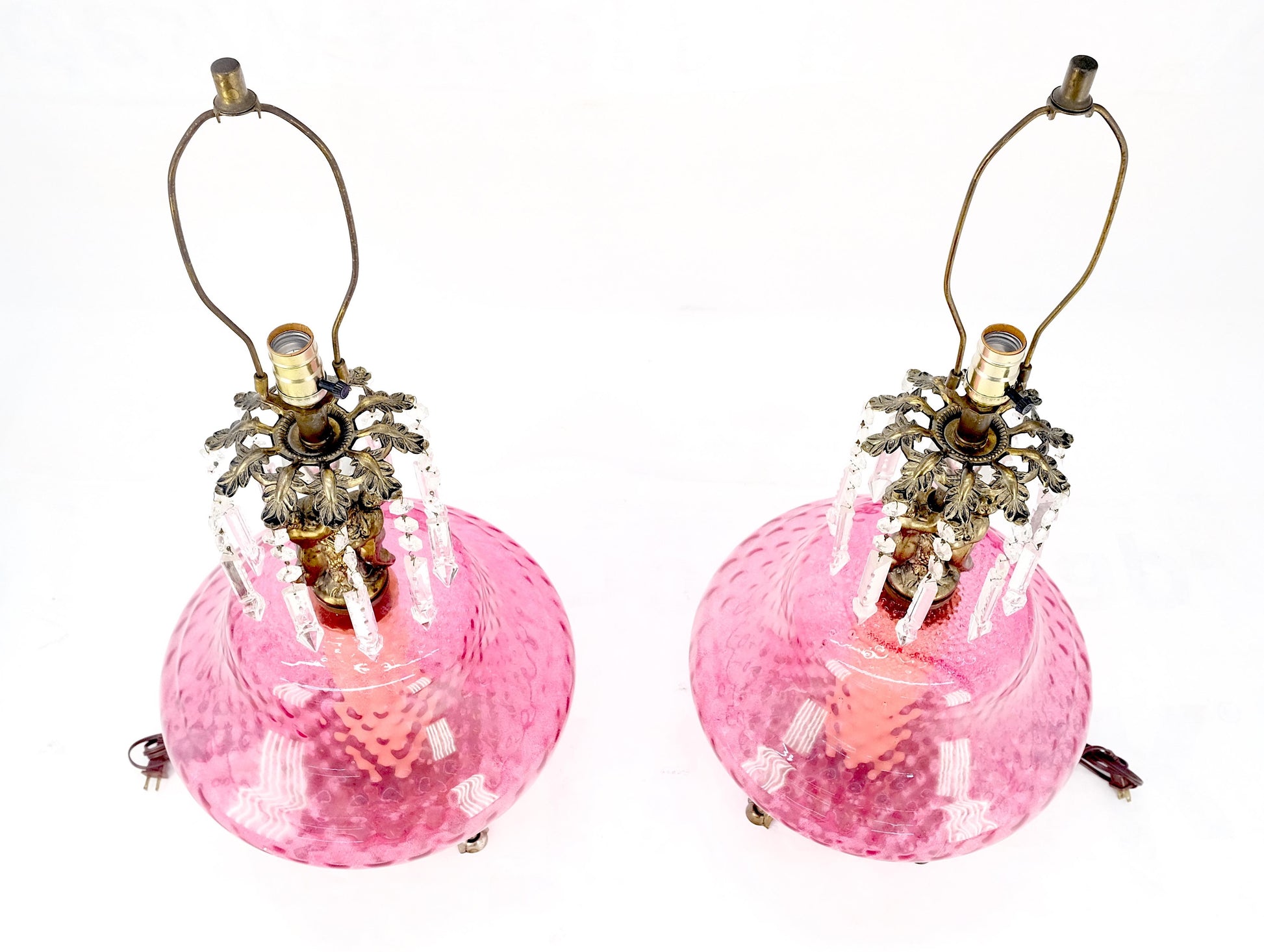 EstablishedLines Pair of Large Cranberry Glass Crystal Decorated Table Lamps MINT!