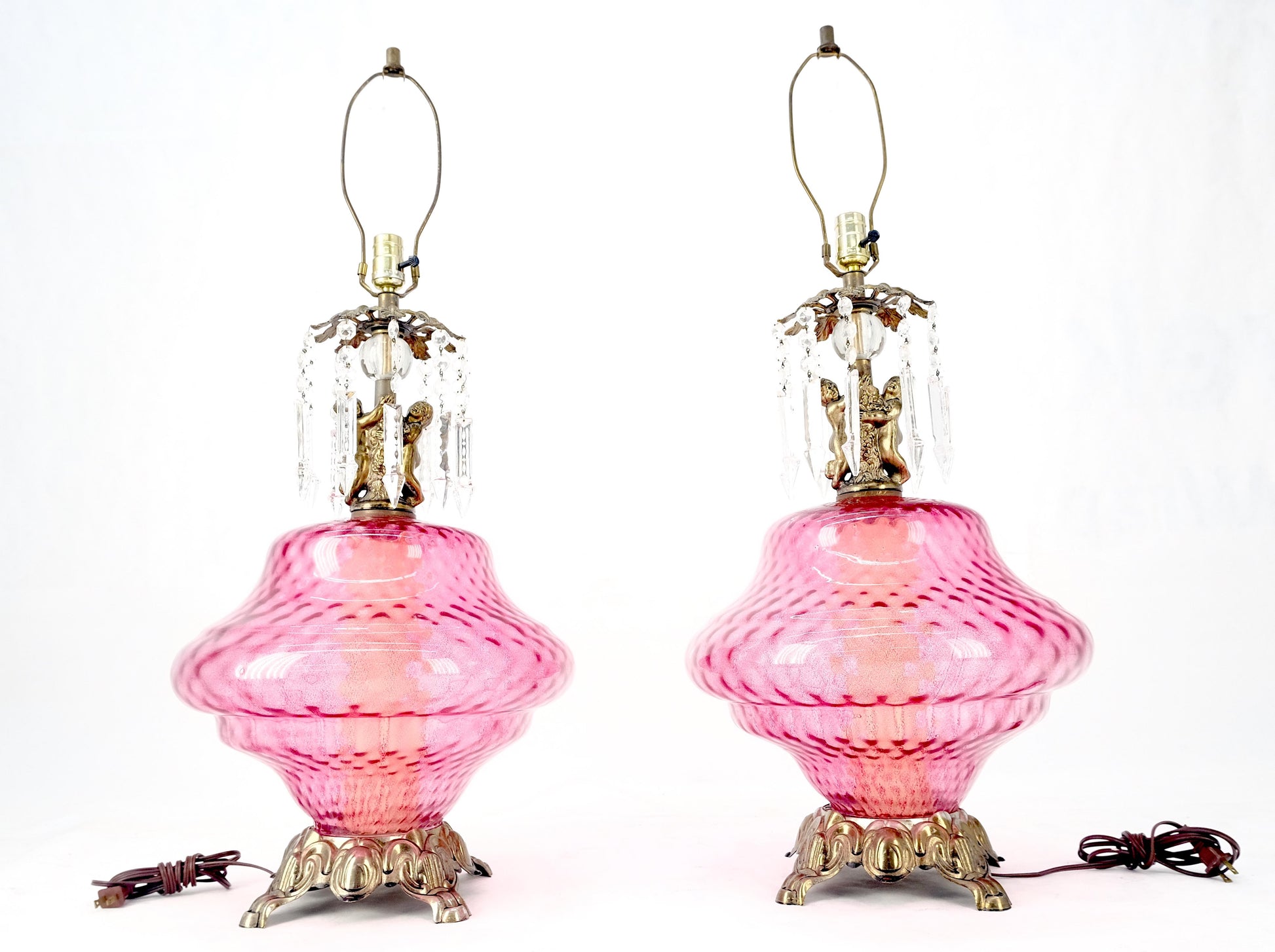 EstablishedLines Pair of Large Cranberry Glass Crystal Decorated Table Lamps MINT!