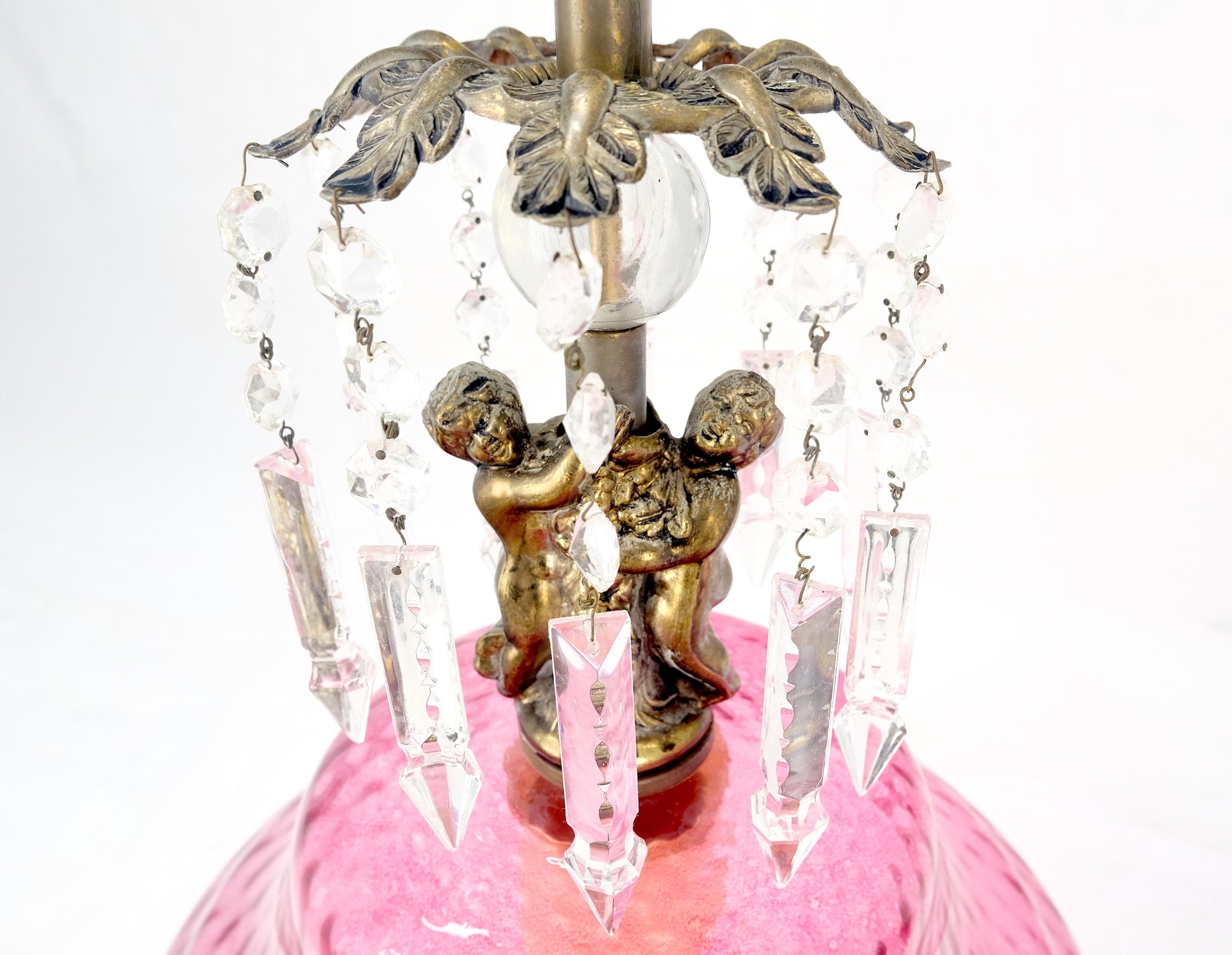 EstablishedLines Pair of Large Cranberry Glass Crystal Decorated Table Lamps MINT!