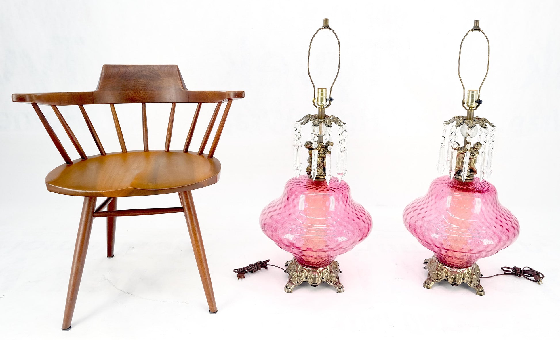 EstablishedLines Pair of Large Cranberry Glass Crystal Decorated Table Lamps MINT!