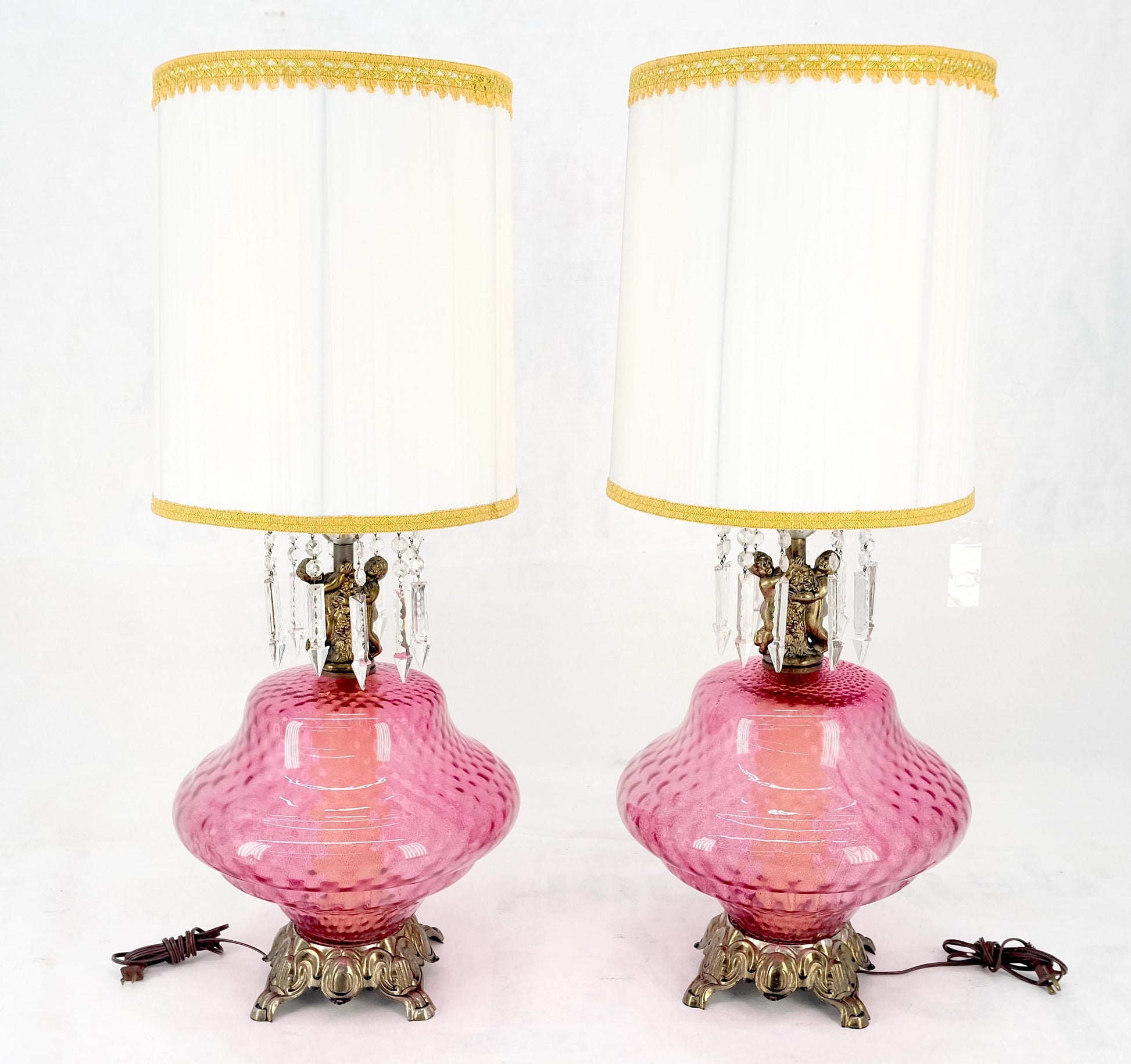 EstablishedLines Pair of Large Cranberry Glass Crystal Decorated Table Lamps MINT!