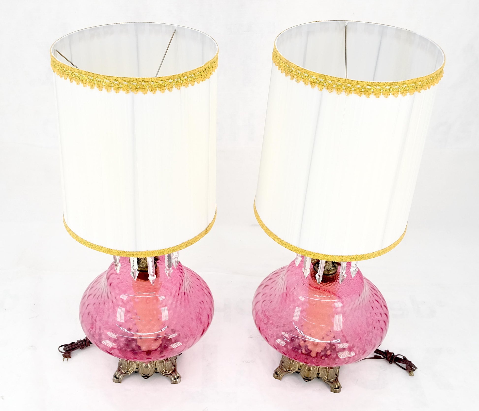 EstablishedLines Pair of Large Cranberry Glass Crystal Decorated Table Lamps MINT!