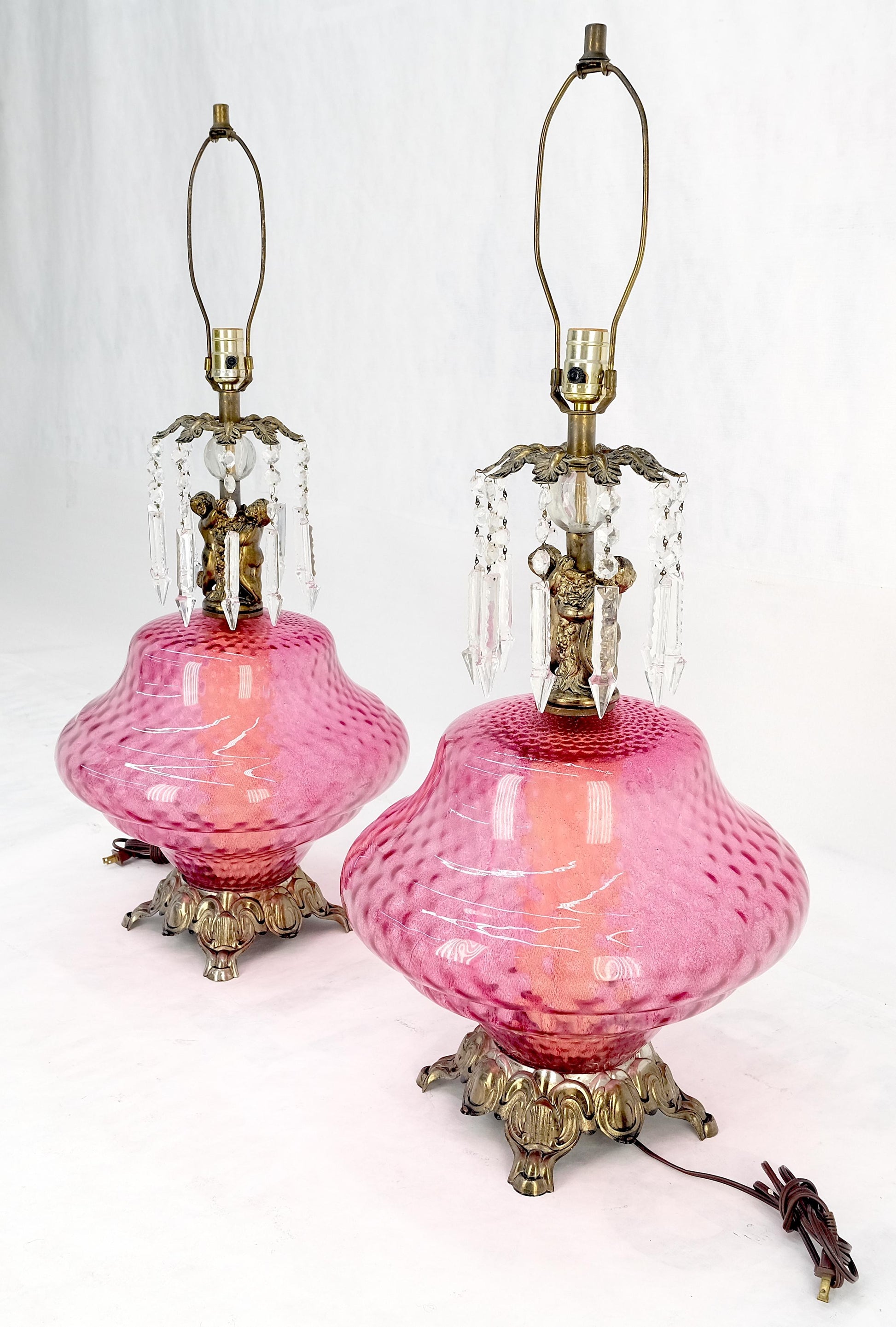 EstablishedLines Pair of Large Cranberry Glass Crystal Decorated Table Lamps MINT!