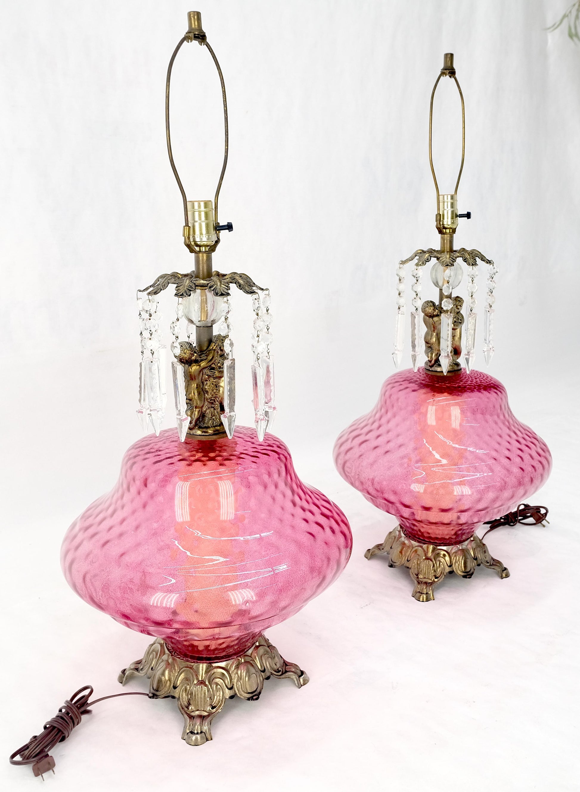 EstablishedLines Pair of Large Cranberry Glass Crystal Decorated Table Lamps MINT!