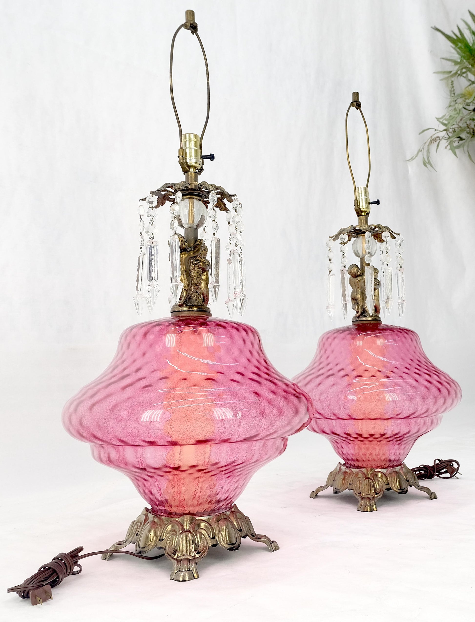 EstablishedLines Pair of Large Cranberry Glass Crystal Decorated Table Lamps MINT!