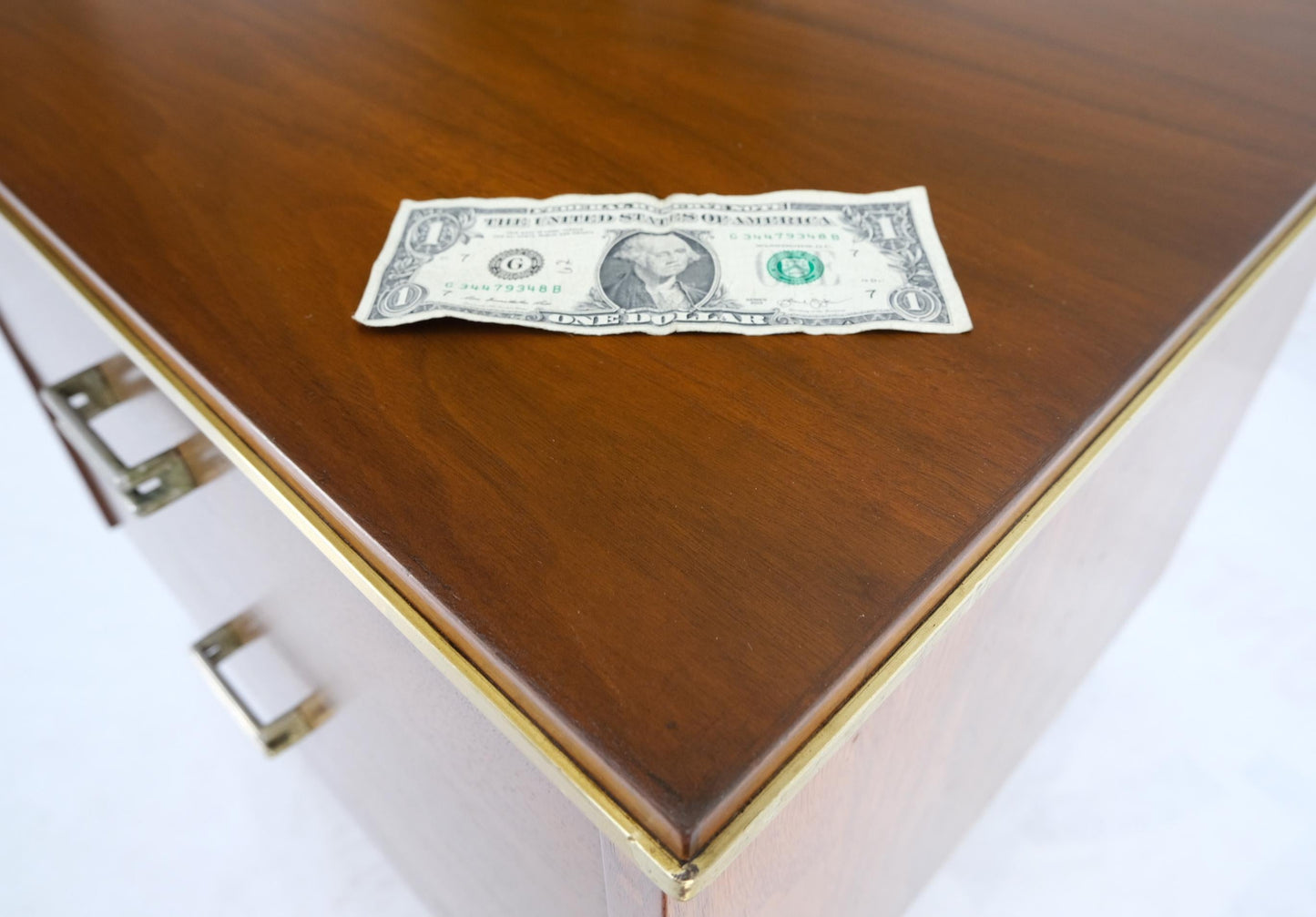 EstablishedLines Square Light Walnut Brass Stretchers Two Drawers Nightstand End Table