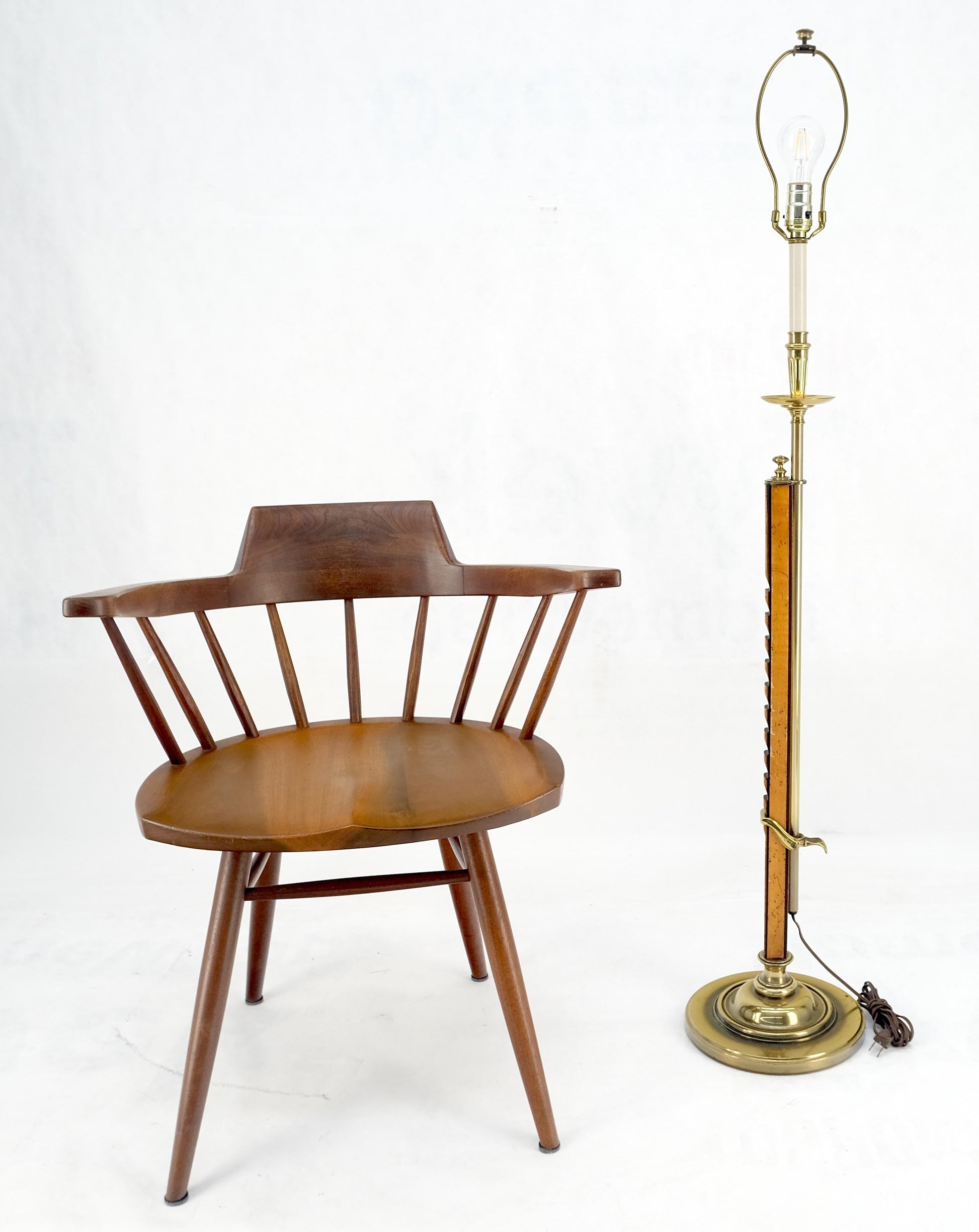 EstablishedLines Yew Wood 7 Brass Adjustable Mid Century Modern Floor Lamp c1970s MINT