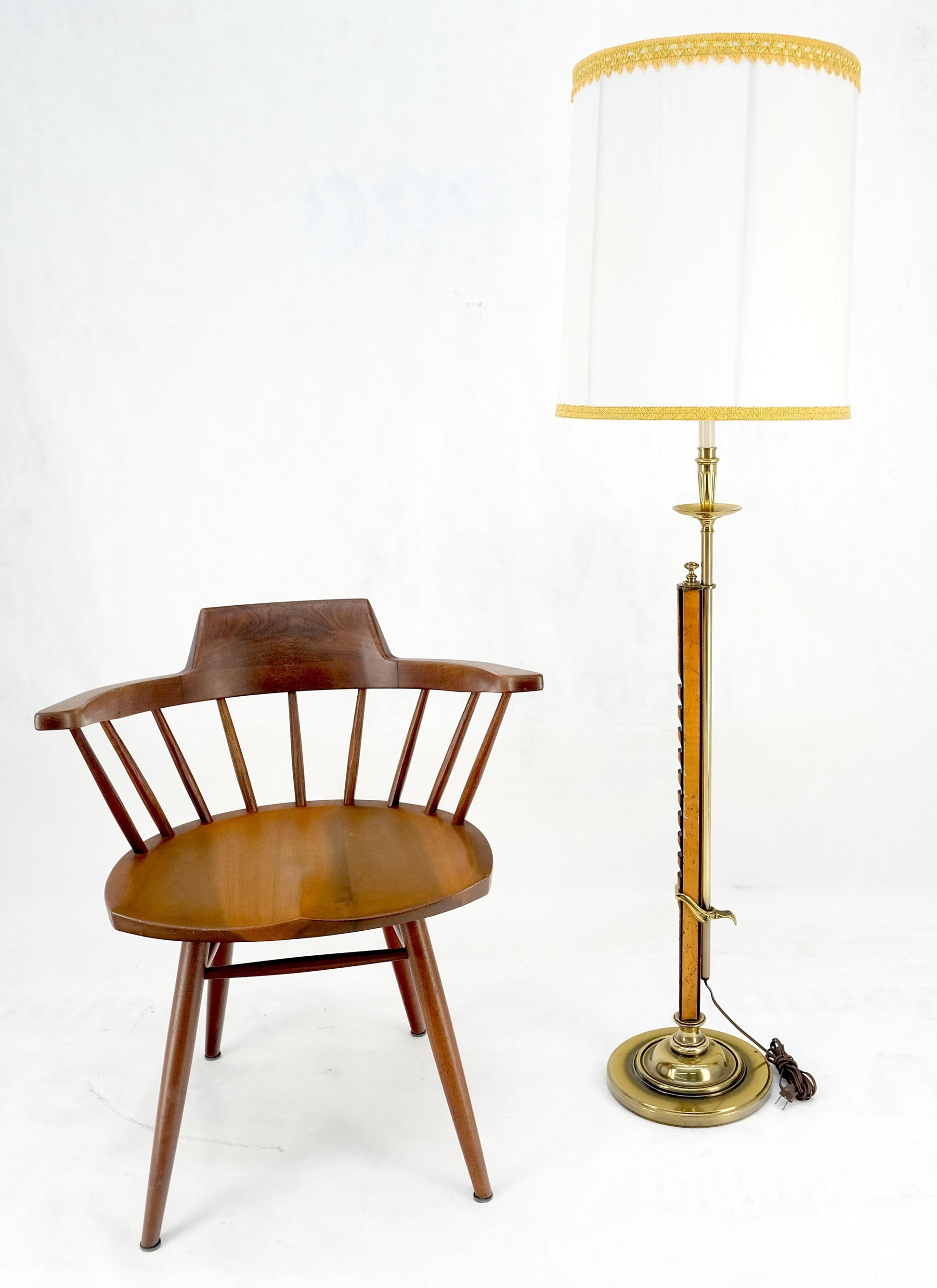 EstablishedLines Yew Wood 7 Brass Adjustable Mid Century Modern Floor Lamp c1970s MINT