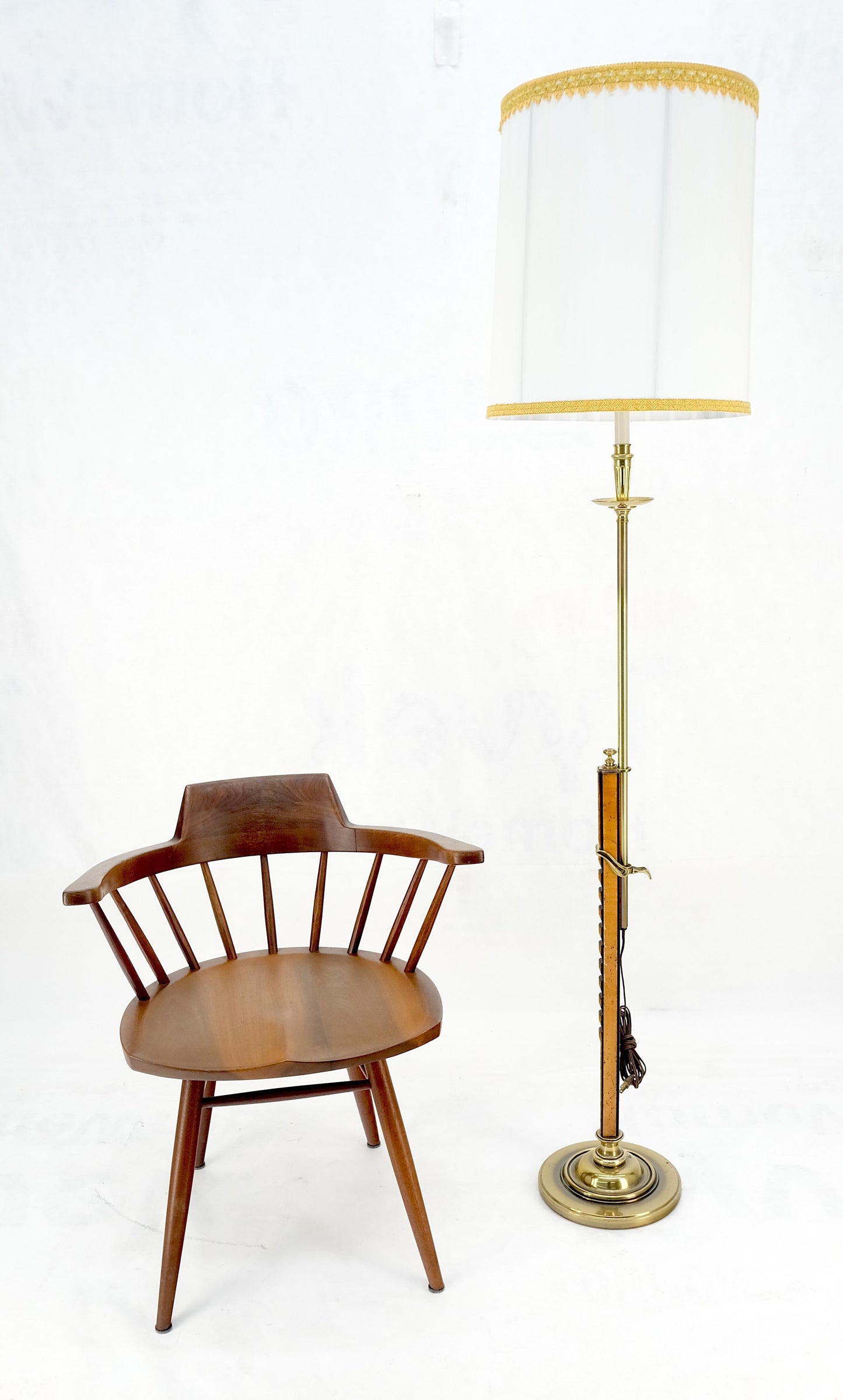 EstablishedLines Yew Wood 7 Brass Adjustable Mid Century Modern Floor Lamp c1970s MINT
