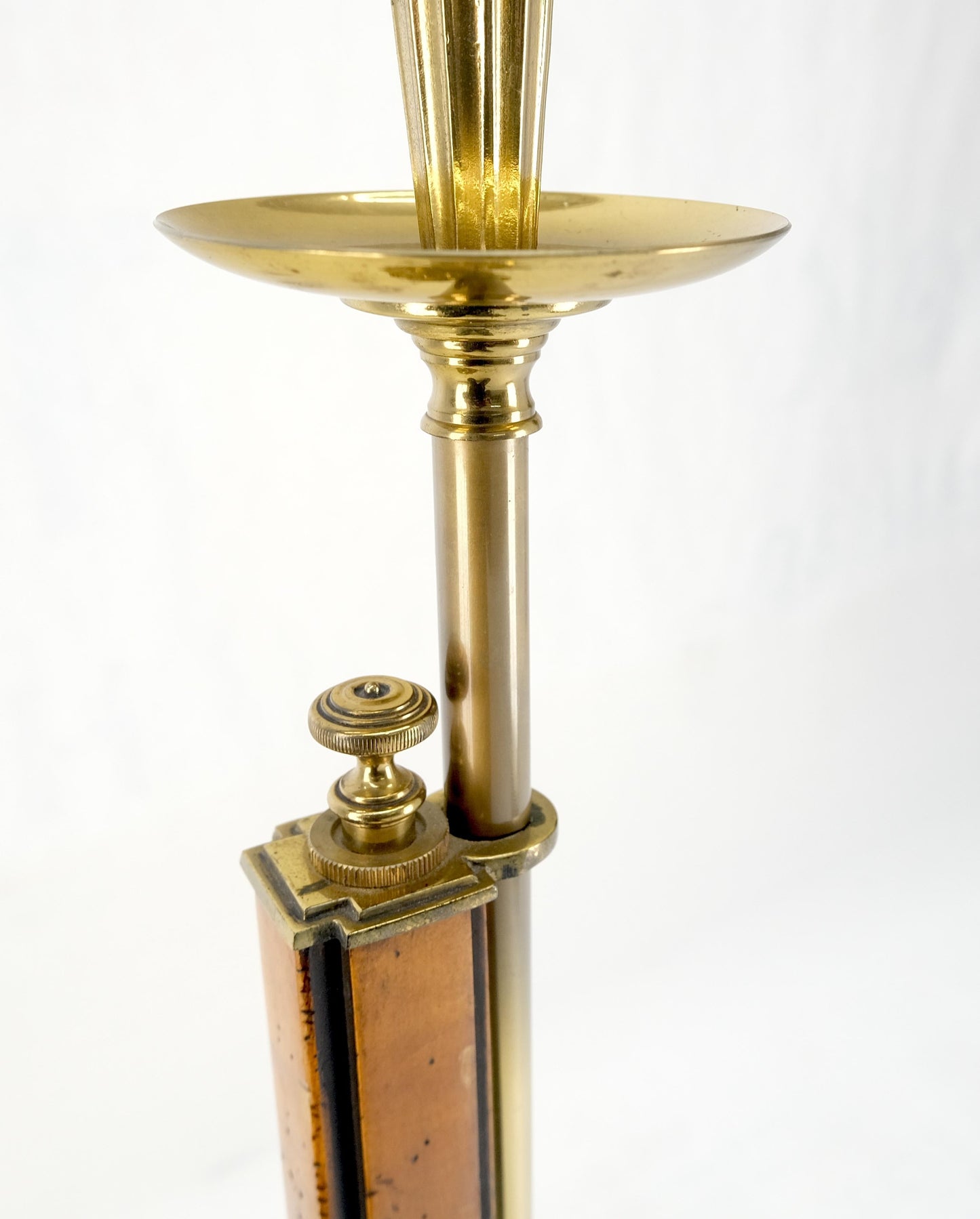 EstablishedLines Yew Wood 7 Brass Adjustable Mid Century Modern Floor Lamp c1970s MINT