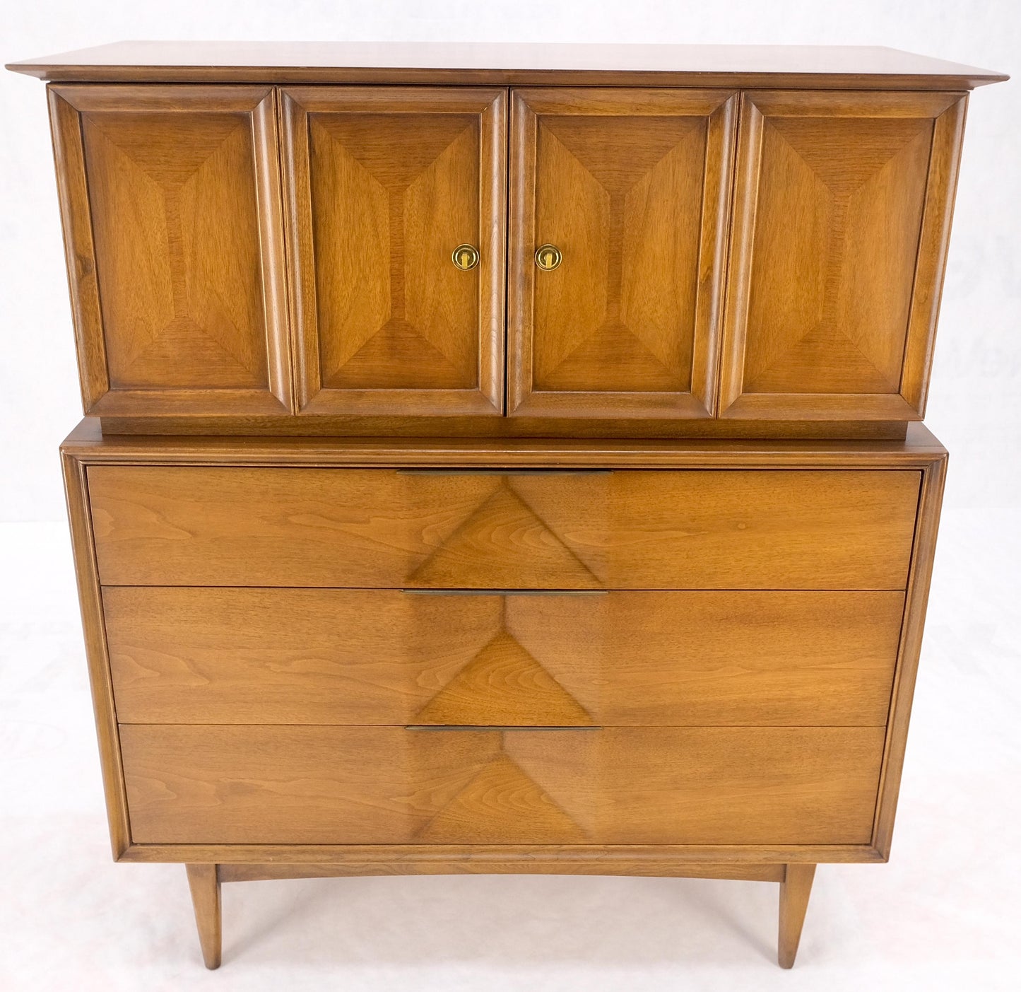 Light Walnut Sculptural Drawer Fronts Double Door Compartment High Chest Dresser