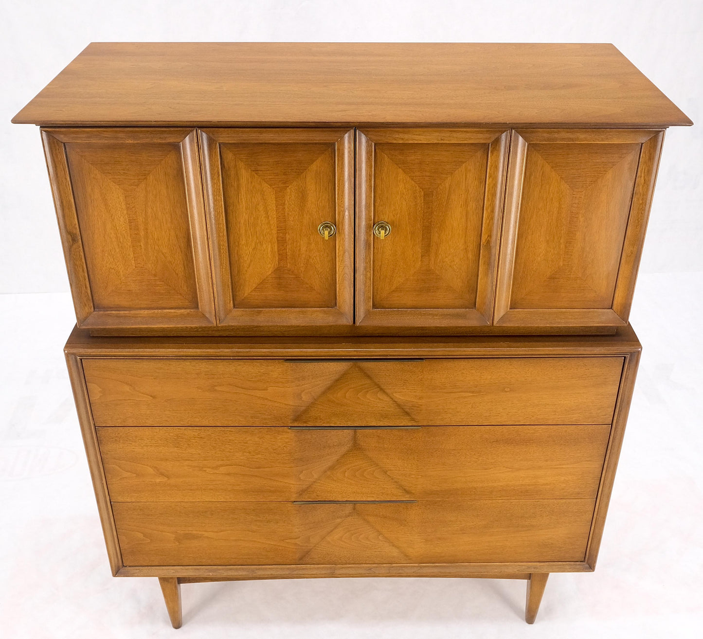 Light Walnut Sculptural Drawer Fronts Double Door Compartment High Chest Dresser