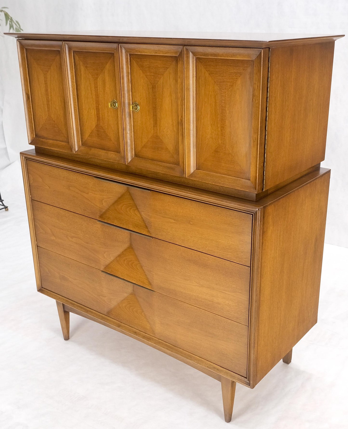 Light Walnut Sculptural Drawer Fronts Double Door Compartment High Chest Dresser