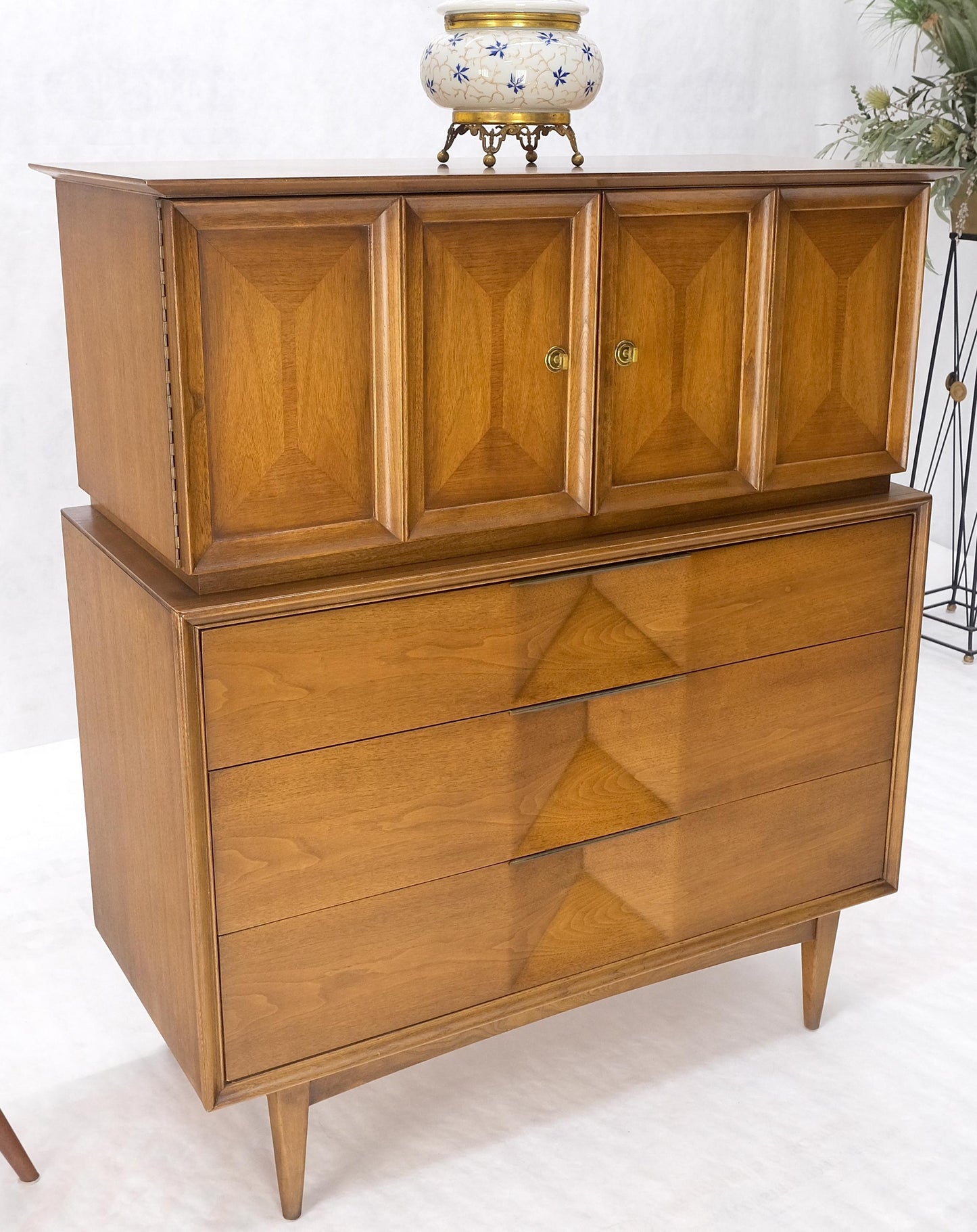 Light Walnut Sculptural Drawer Fronts Double Door Compartment High Chest Dresser