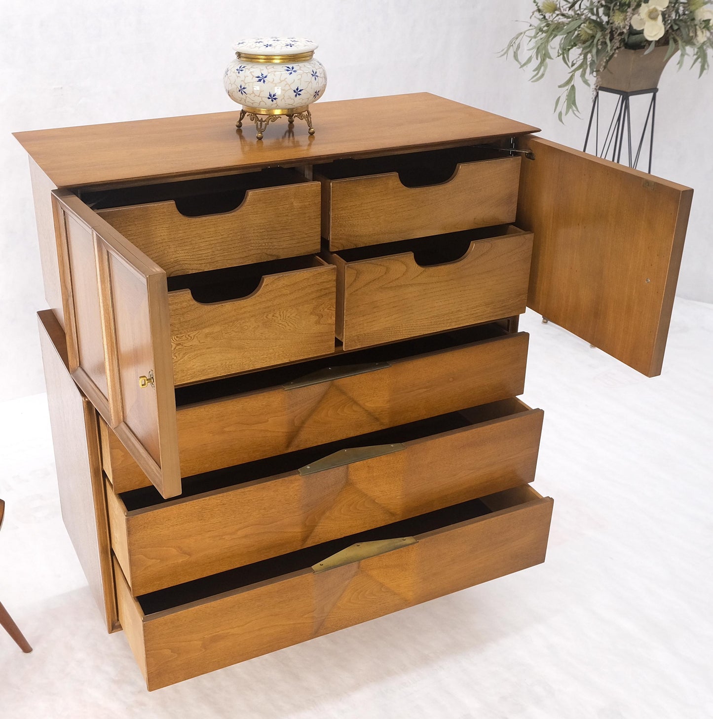 Light Walnut Sculptural Drawer Fronts Double Door Compartment High Chest Dresser