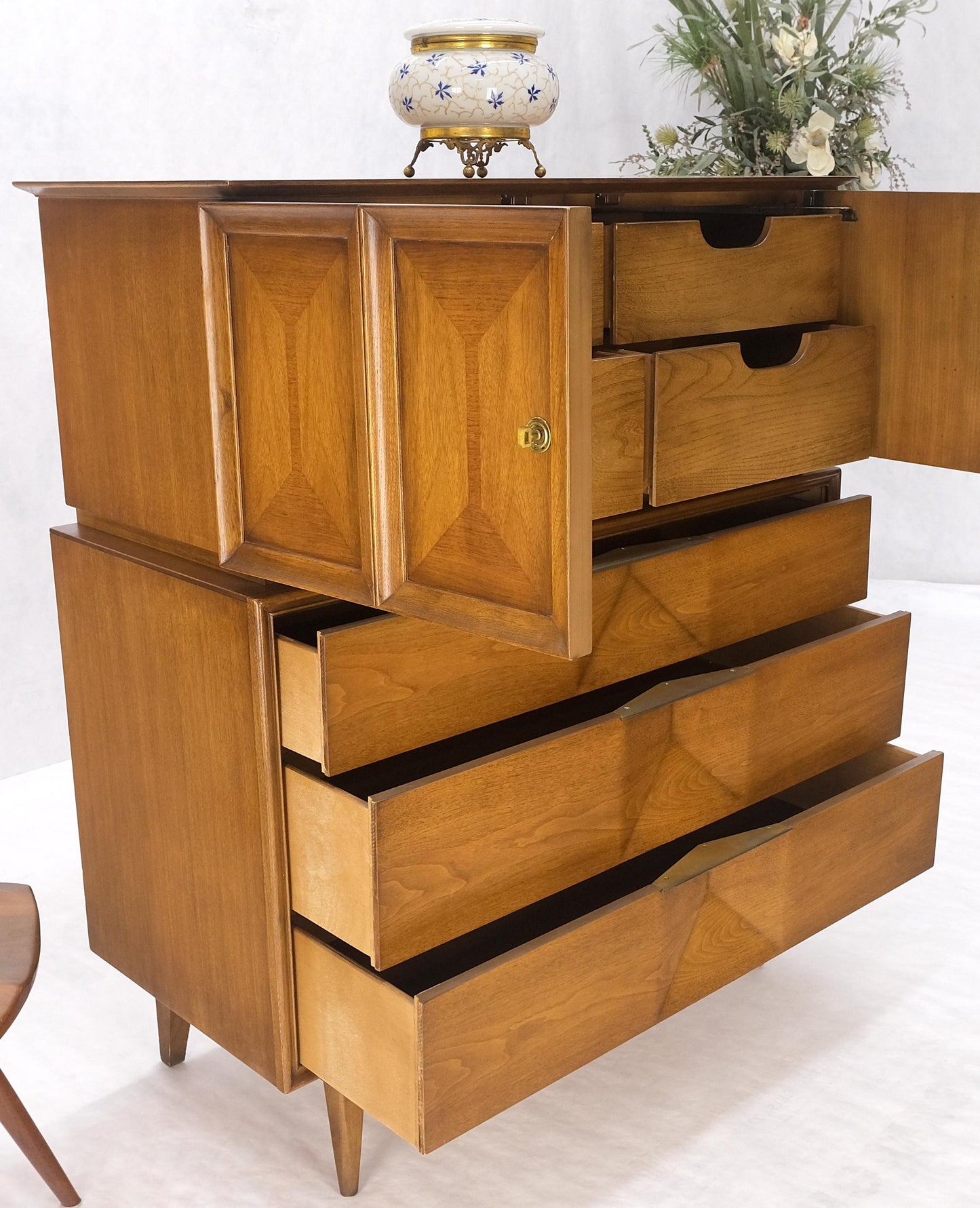 Light Walnut Sculptural Drawer Fronts Double Door Compartment High Chest Dresser