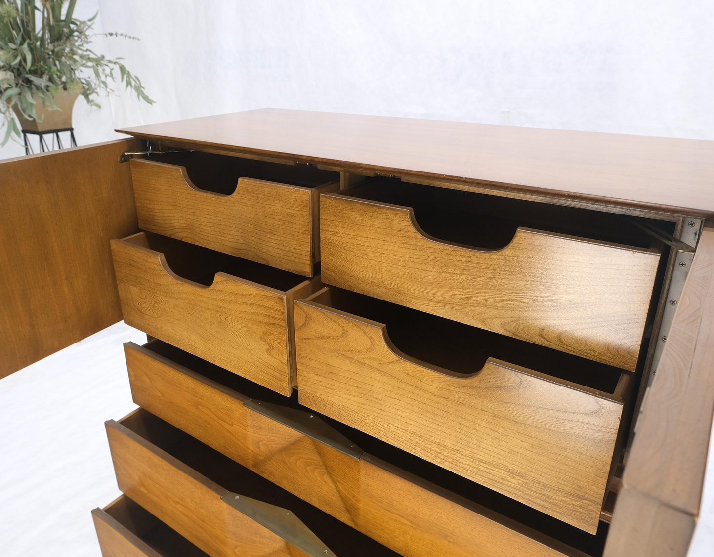 Light Walnut Sculptural Drawer Fronts Double Door Compartment High Chest Dresser