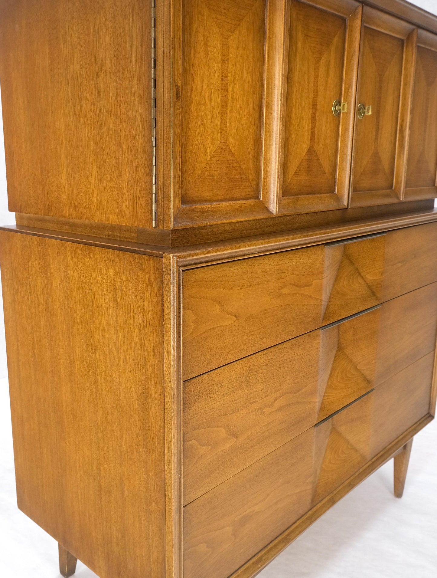 Light Walnut Sculptural Drawer Fronts Double Door Compartment High Chest Dresser
