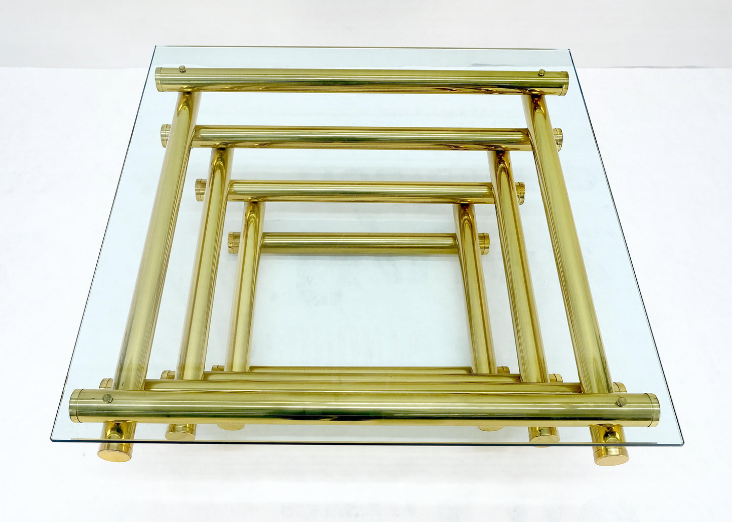 EstablishedLines Solid Brass Tube Segment Pyramid Shape Base 36" Square Glass Top Coffee Table