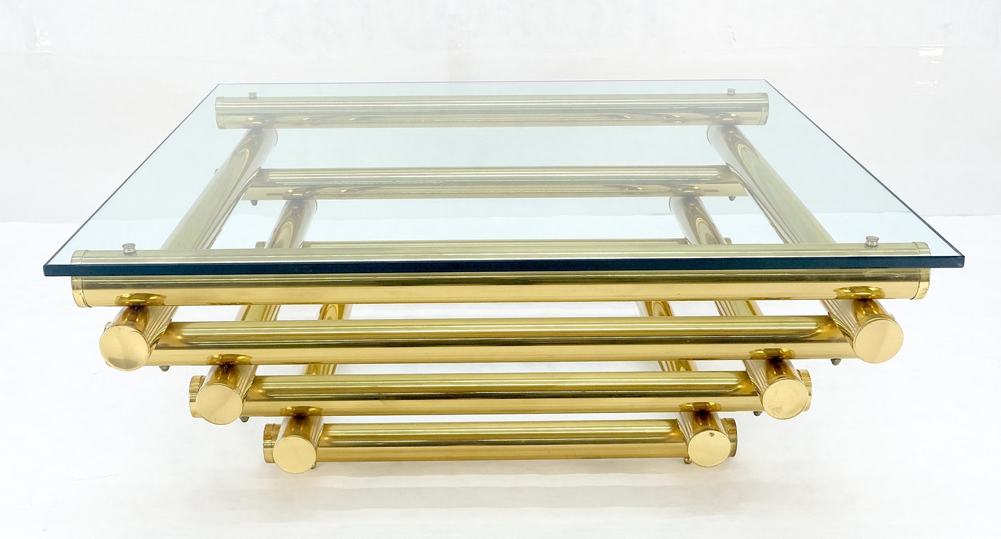 EstablishedLines Solid Brass Tube Segment Pyramid Shape Base 36" Square Glass Top Coffee Table