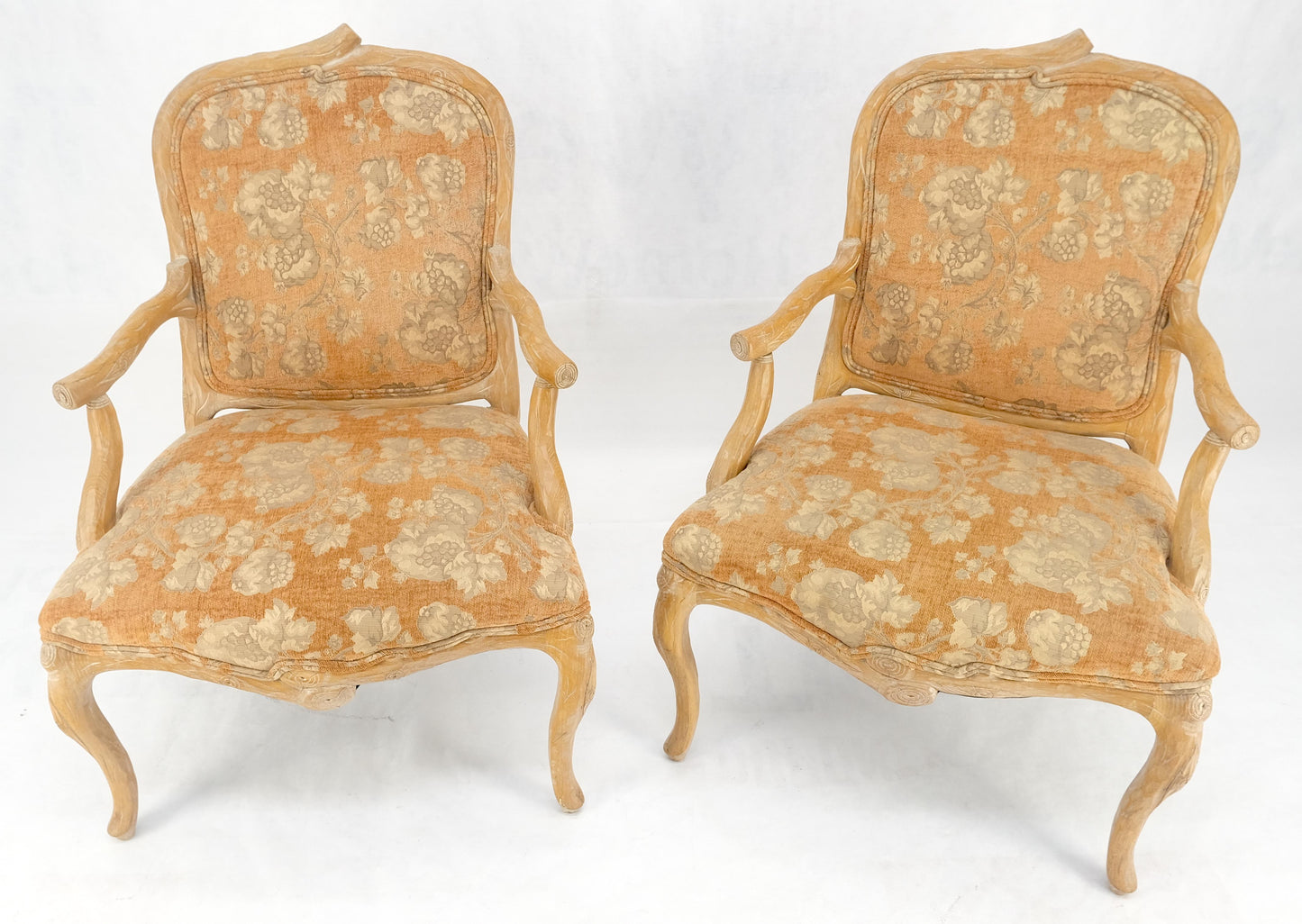EstablishedLines Pair of Faux Carved Bleached Oak Twig Style Armchairs Fireside Lounge Chairs