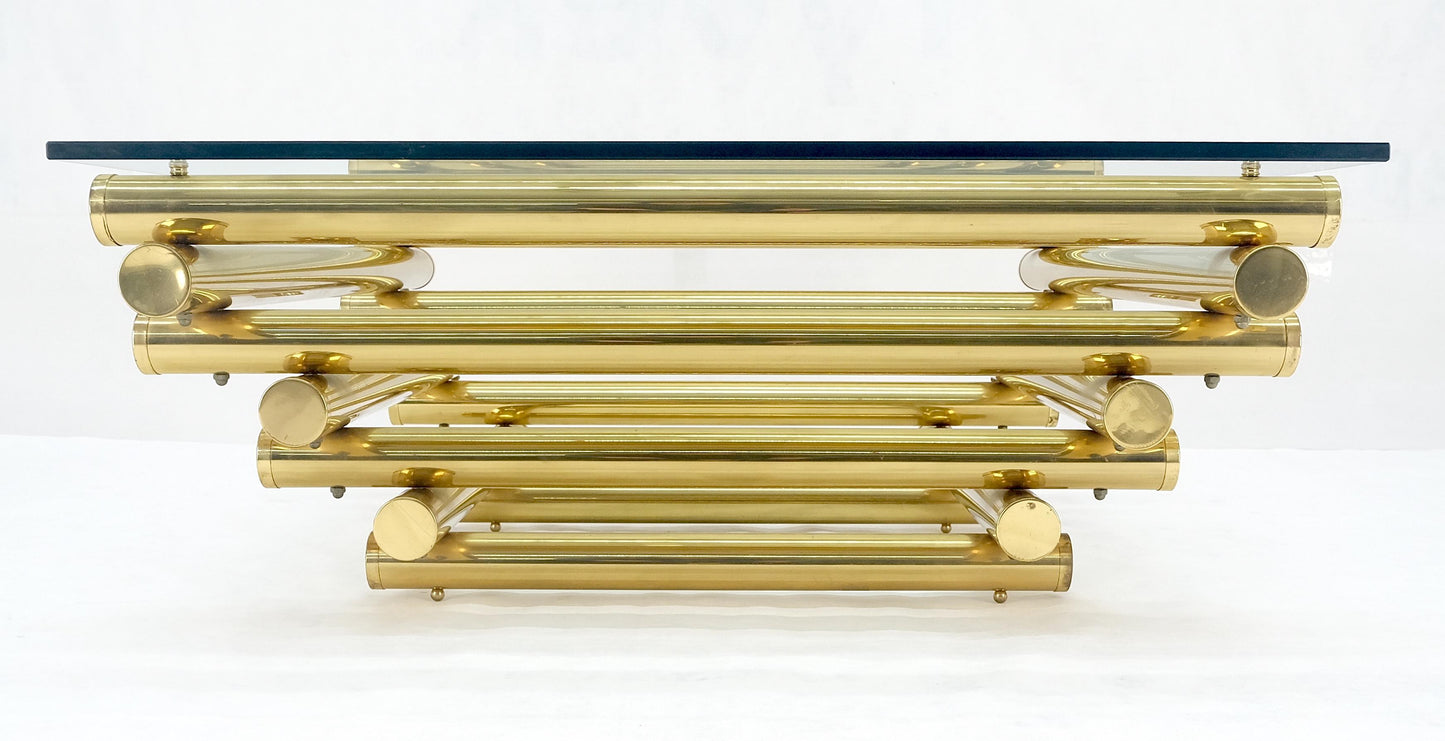 EstablishedLines Solid Brass Tube Segment Pyramid Shape Base 36" Square Glass Top Coffee Table