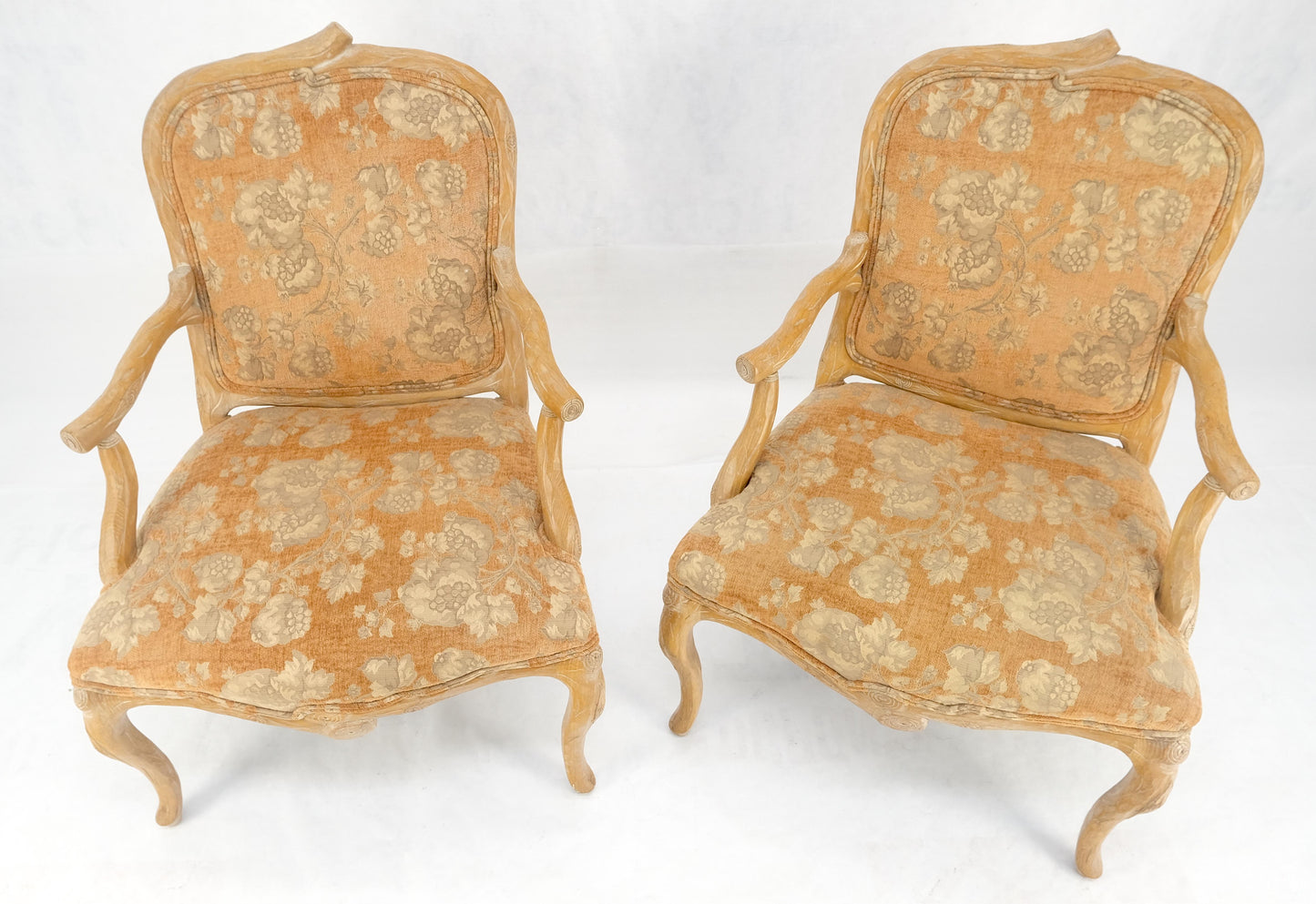 EstablishedLines Pair of Faux Carved Bleached Oak Twig Style Armchairs Fireside Lounge Chairs