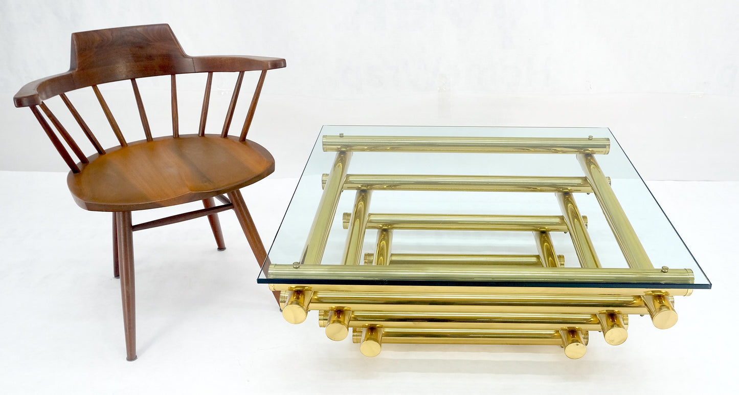 EstablishedLines Solid Brass Tube Segment Pyramid Shape Base 36" Square Glass Top Coffee Table