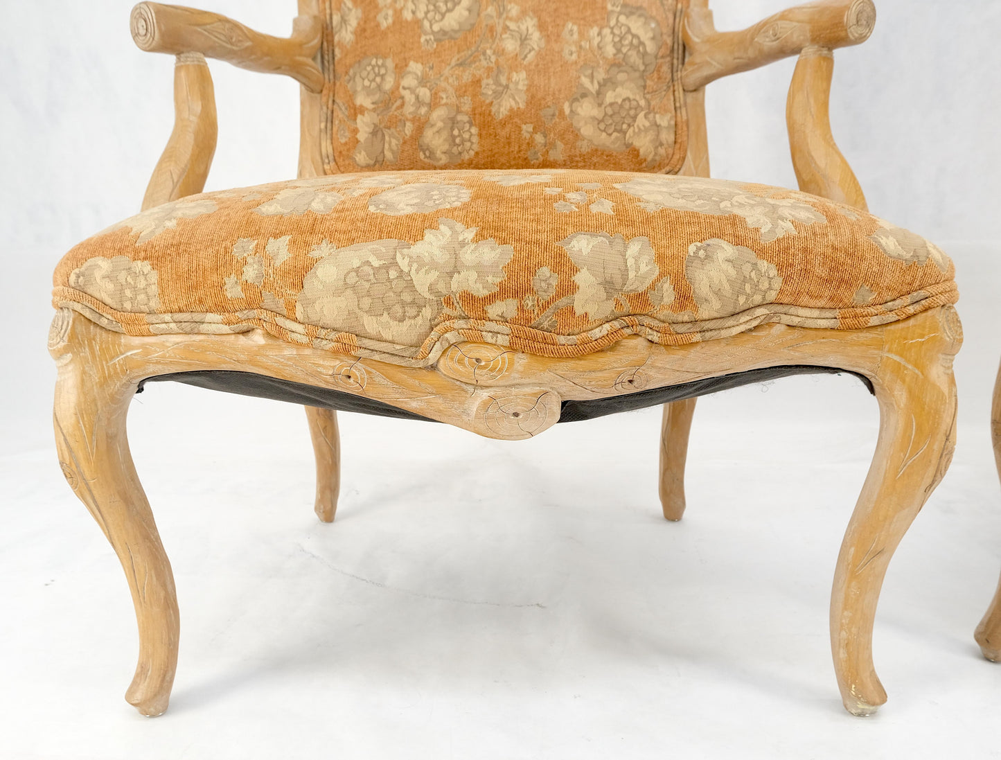 EstablishedLines Pair of Faux Carved Bleached Oak Twig Style Armchairs Fireside Lounge Chairs
