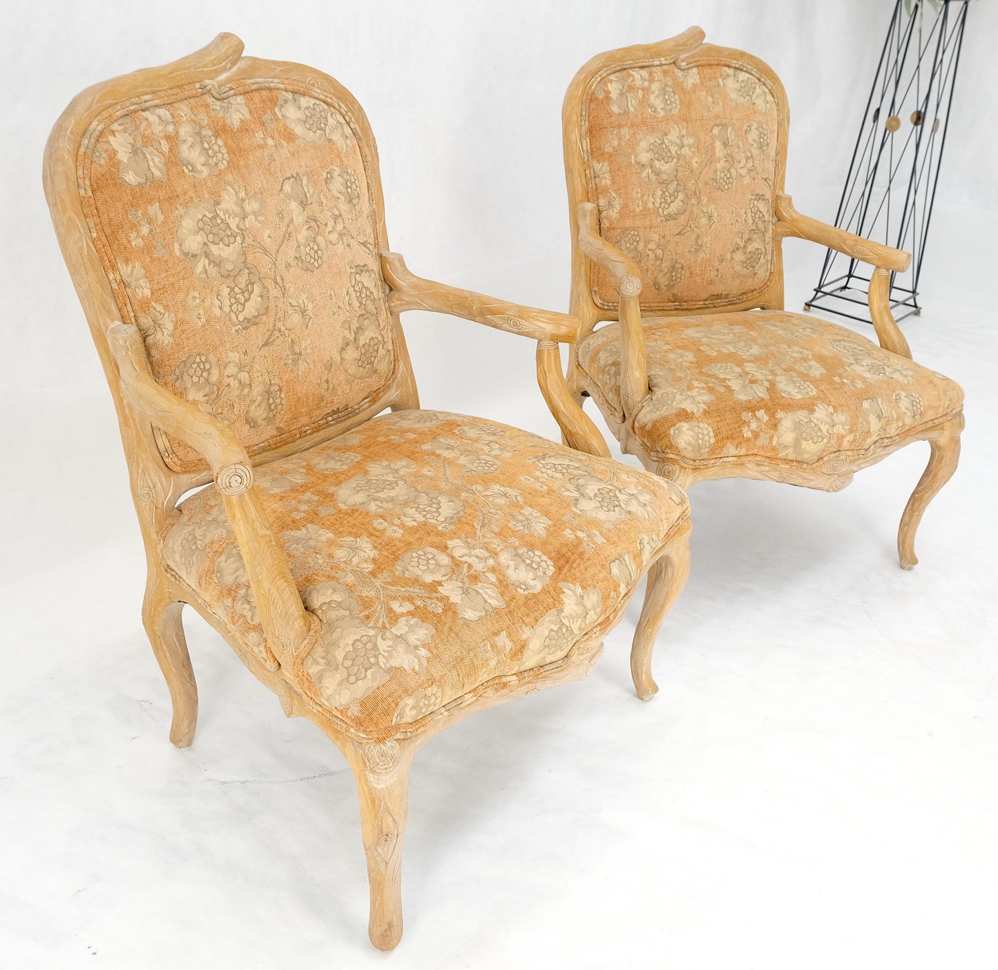 EstablishedLines Pair of Faux Carved Bleached Oak Twig Style Armchairs Fireside Lounge Chairs