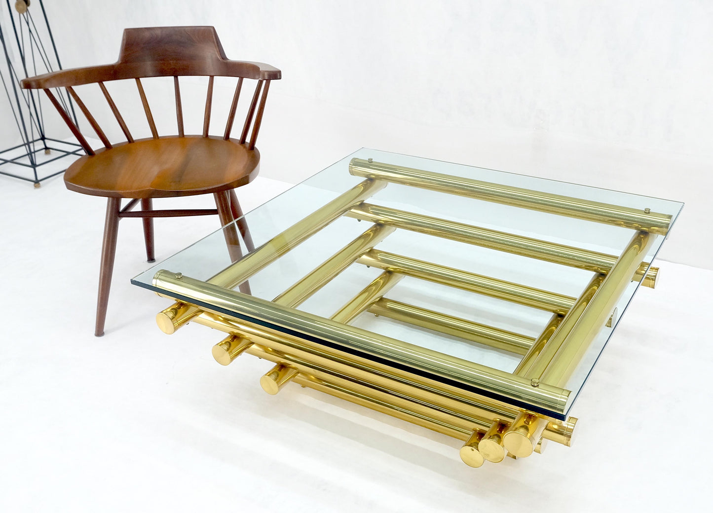 EstablishedLines Solid Brass Tube Segment Pyramid Shape Base 36" Square Glass Top Coffee Table