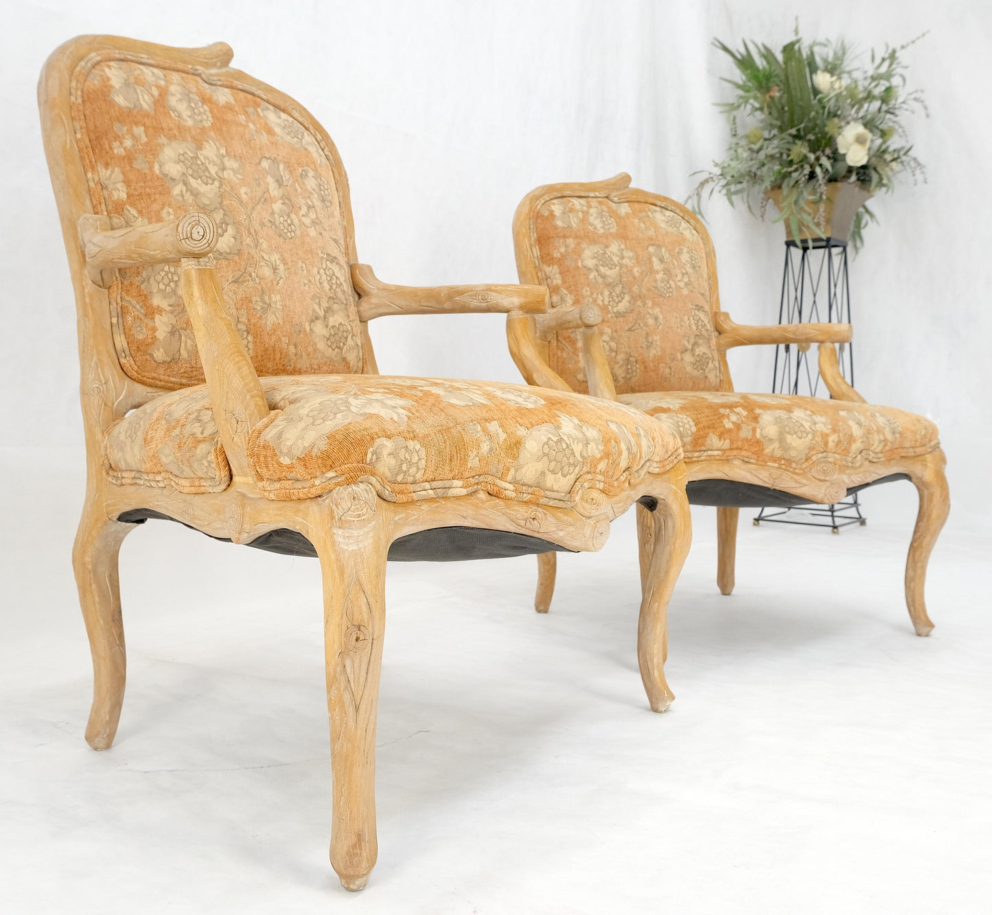 EstablishedLines Pair of Faux Carved Bleached Oak Twig Style Armchairs Fireside Lounge Chairs