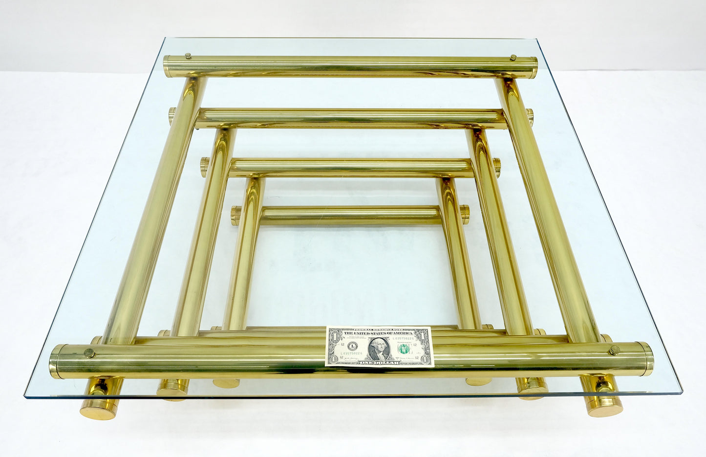 EstablishedLines Solid Brass Tube Segment Pyramid Shape Base 36" Square Glass Top Coffee Table