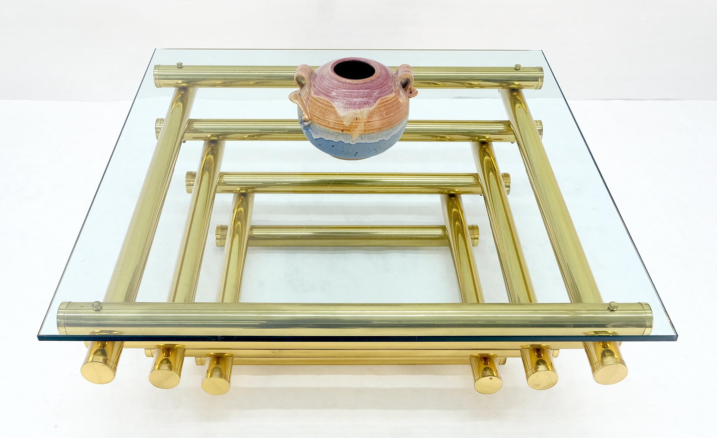 EstablishedLines Solid Brass Tube Segment Pyramid Shape Base 36" Square Glass Top Coffee Table