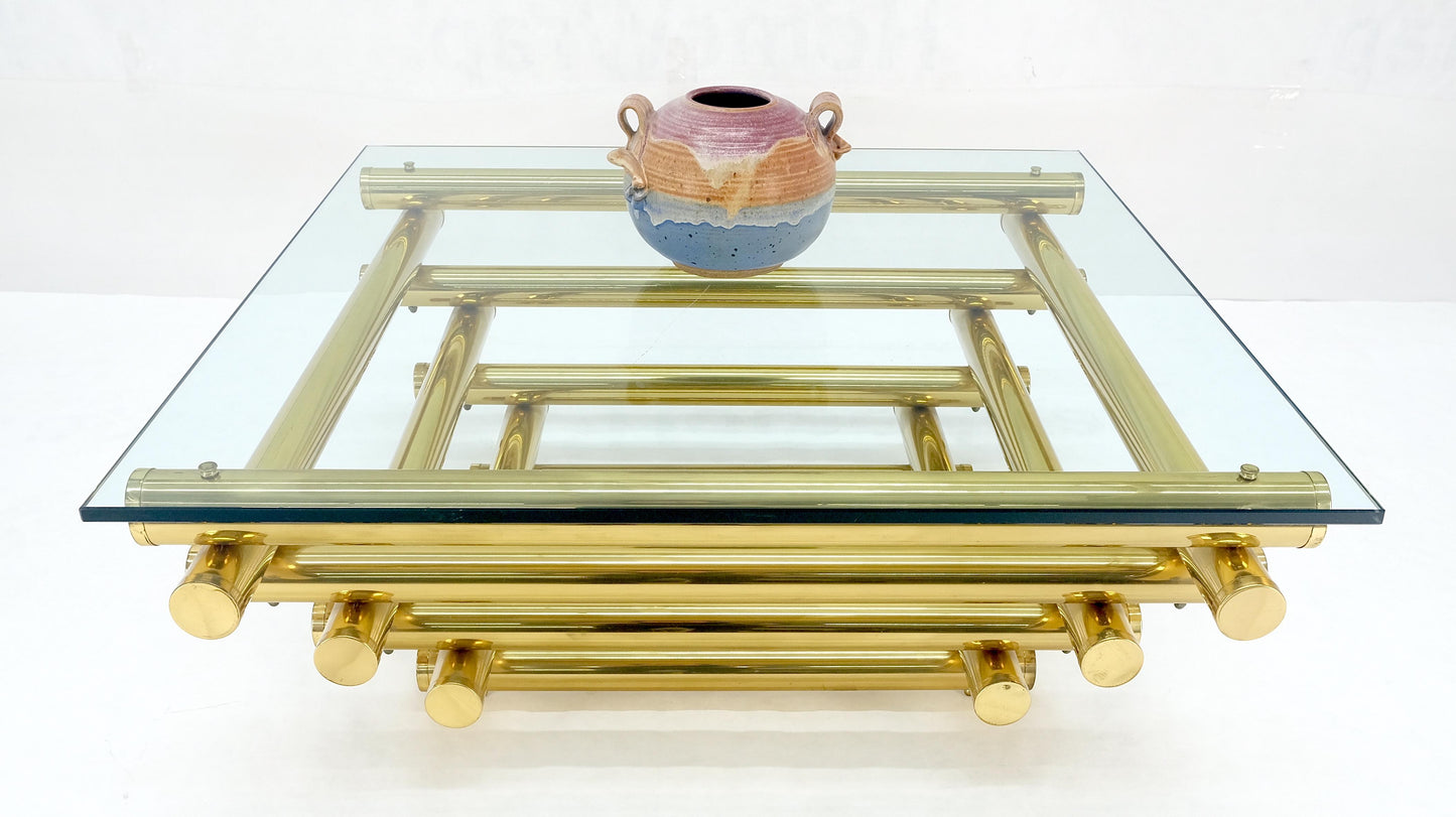 EstablishedLines Solid Brass Tube Segment Pyramid Shape Base 36" Square Glass Top Coffee Table