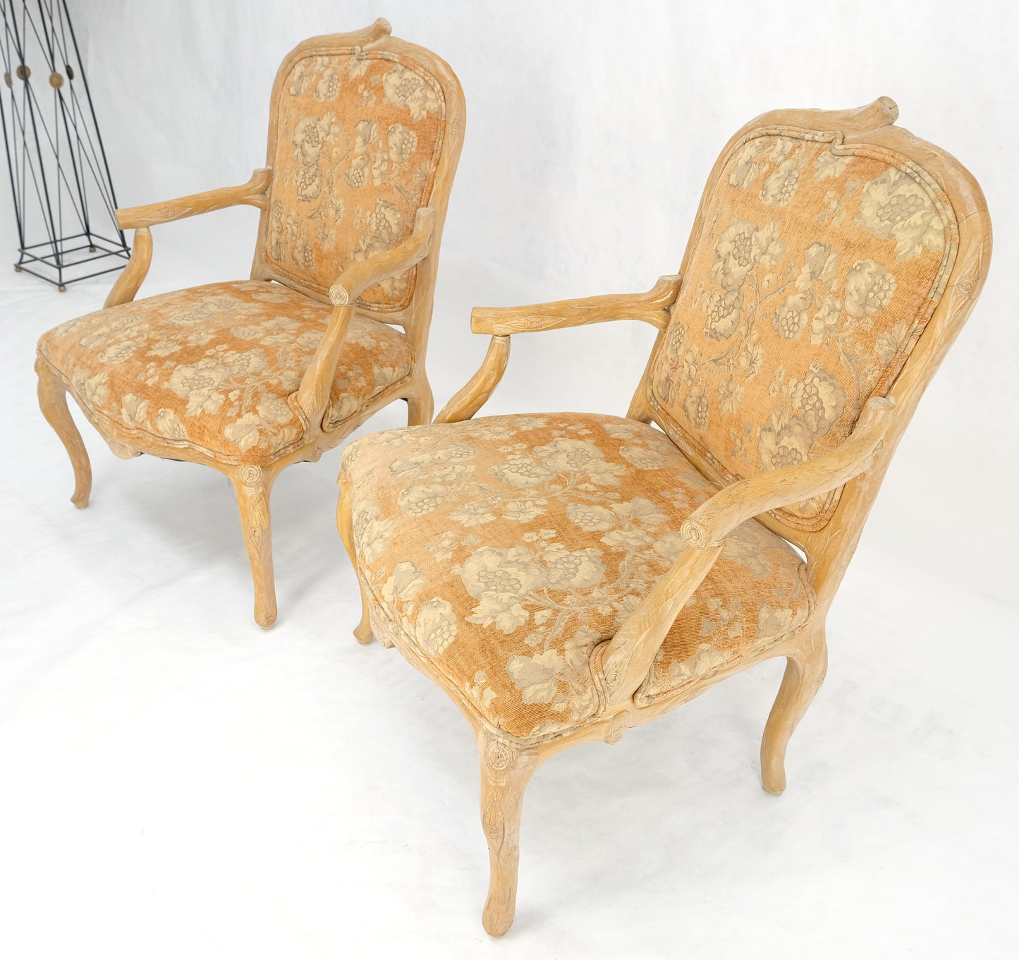 EstablishedLines Pair of Faux Carved Bleached Oak Twig Style Armchairs Fireside Lounge Chairs