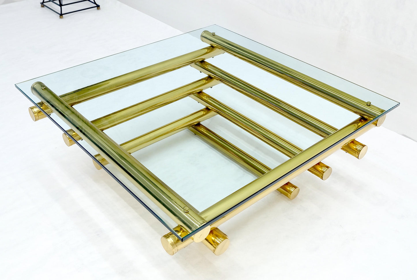 EstablishedLines Solid Brass Tube Segment Pyramid Shape Base 36" Square Glass Top Coffee Table