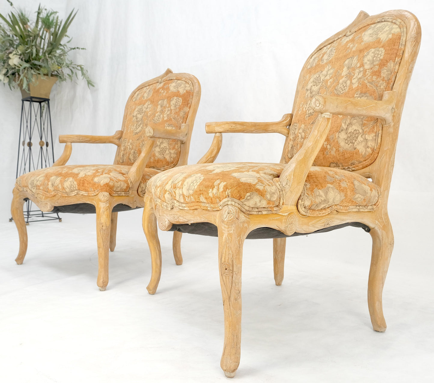 EstablishedLines Pair of Faux Carved Bleached Oak Twig Style Armchairs Fireside Lounge Chairs