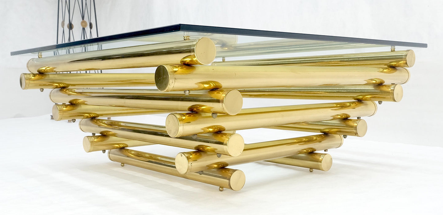 EstablishedLines Solid Brass Tube Segment Pyramid Shape Base 36" Square Glass Top Coffee Table