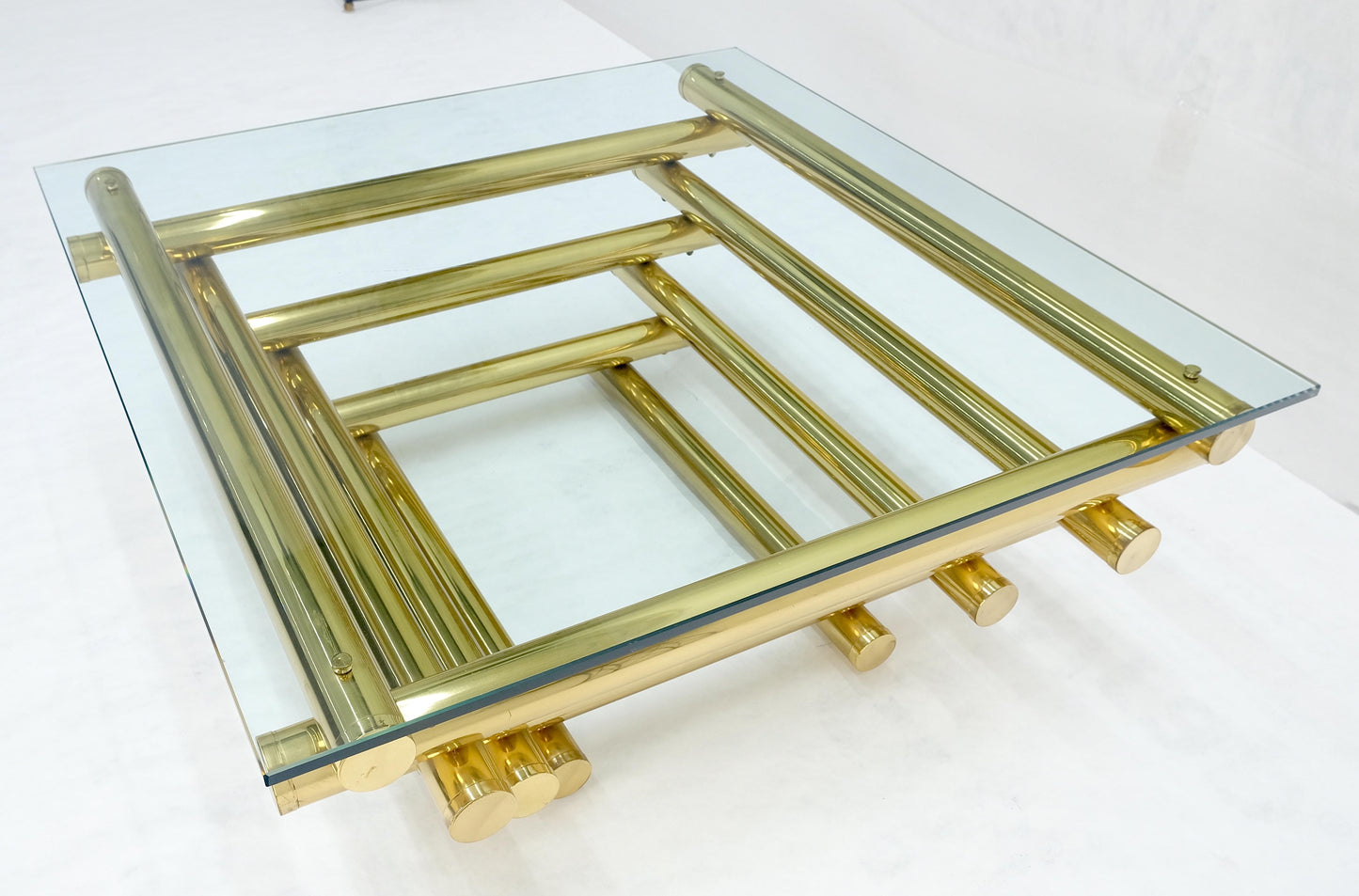 EstablishedLines Solid Brass Tube Segment Pyramid Shape Base 36" Square Glass Top Coffee Table