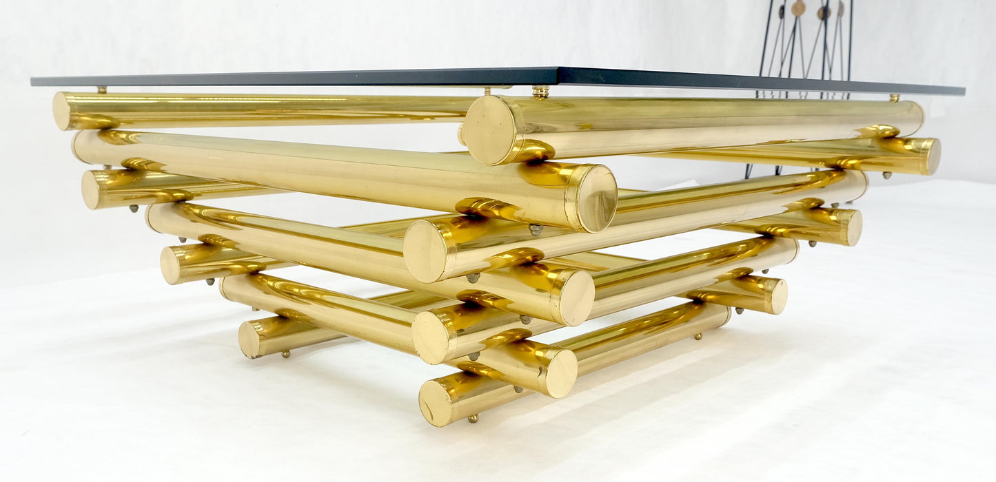 EstablishedLines Solid Brass Tube Segment Pyramid Shape Base 36" Square Glass Top Coffee Table