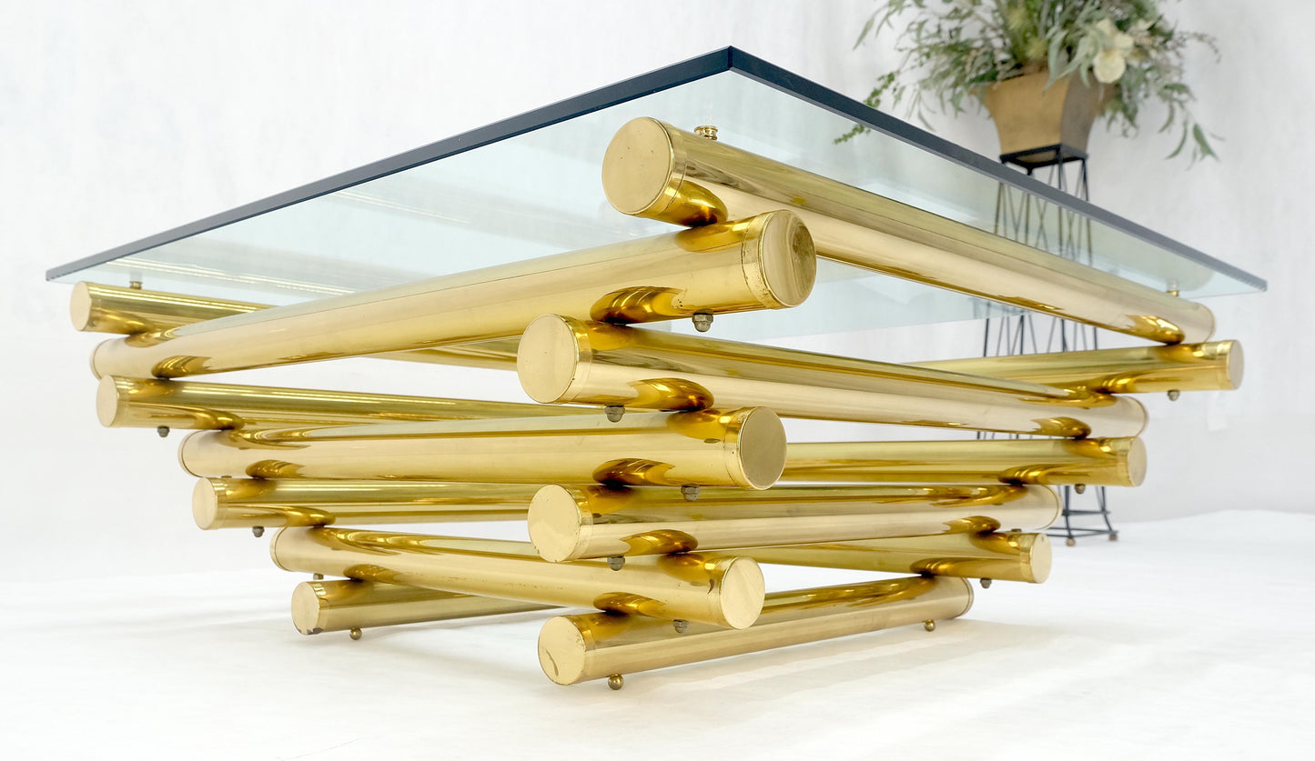 EstablishedLines Solid Brass Tube Segment Pyramid Shape Base 36" Square Glass Top Coffee Table