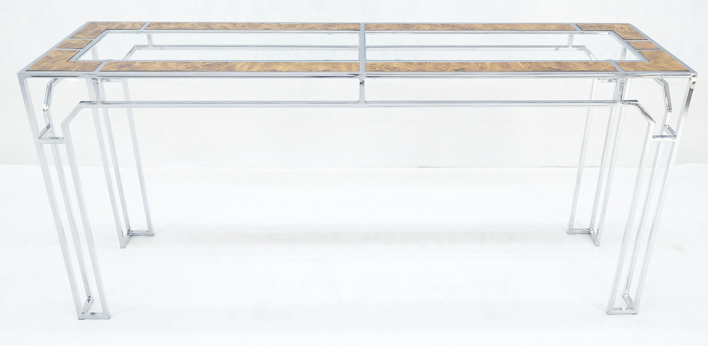EstablishedLines Chrome Glass Burl Wood 58" Long Mid Century Modern Console Sofa Table MINT
