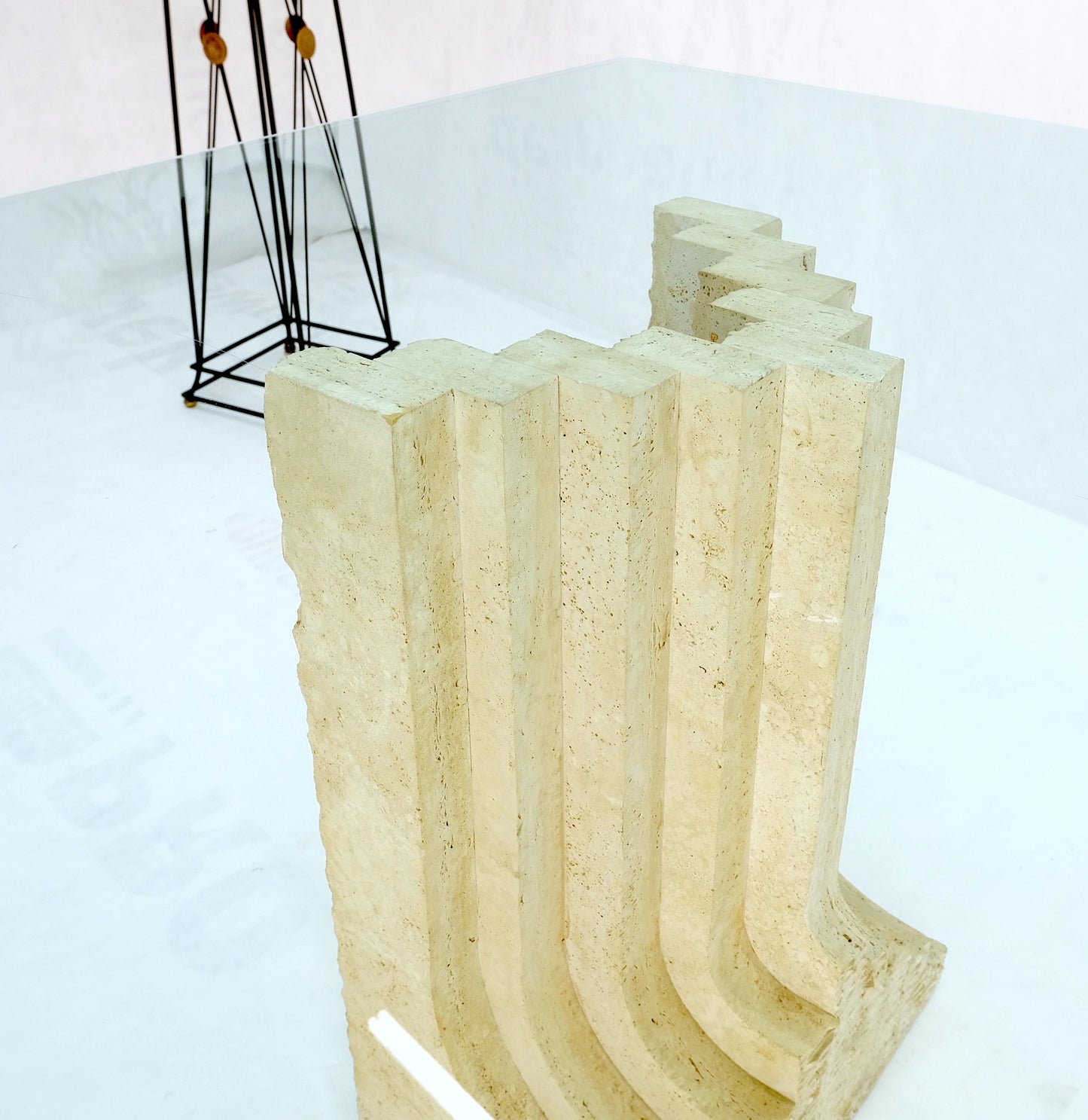 EstablishedLines Large Oversize Wide Rectangle Shape Glass Top Travertine Dining Conference Table