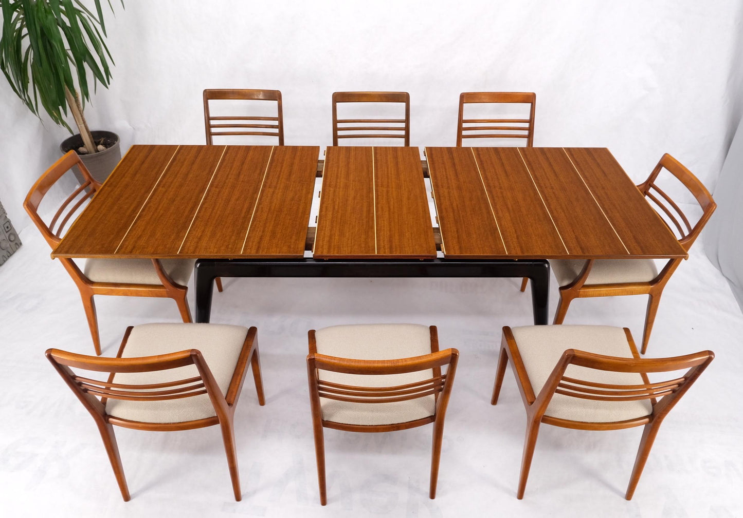 EstablishedLines Italian Mid-Century Modern Dining Table 8 Chairs Set New Linen Upholstery Seats